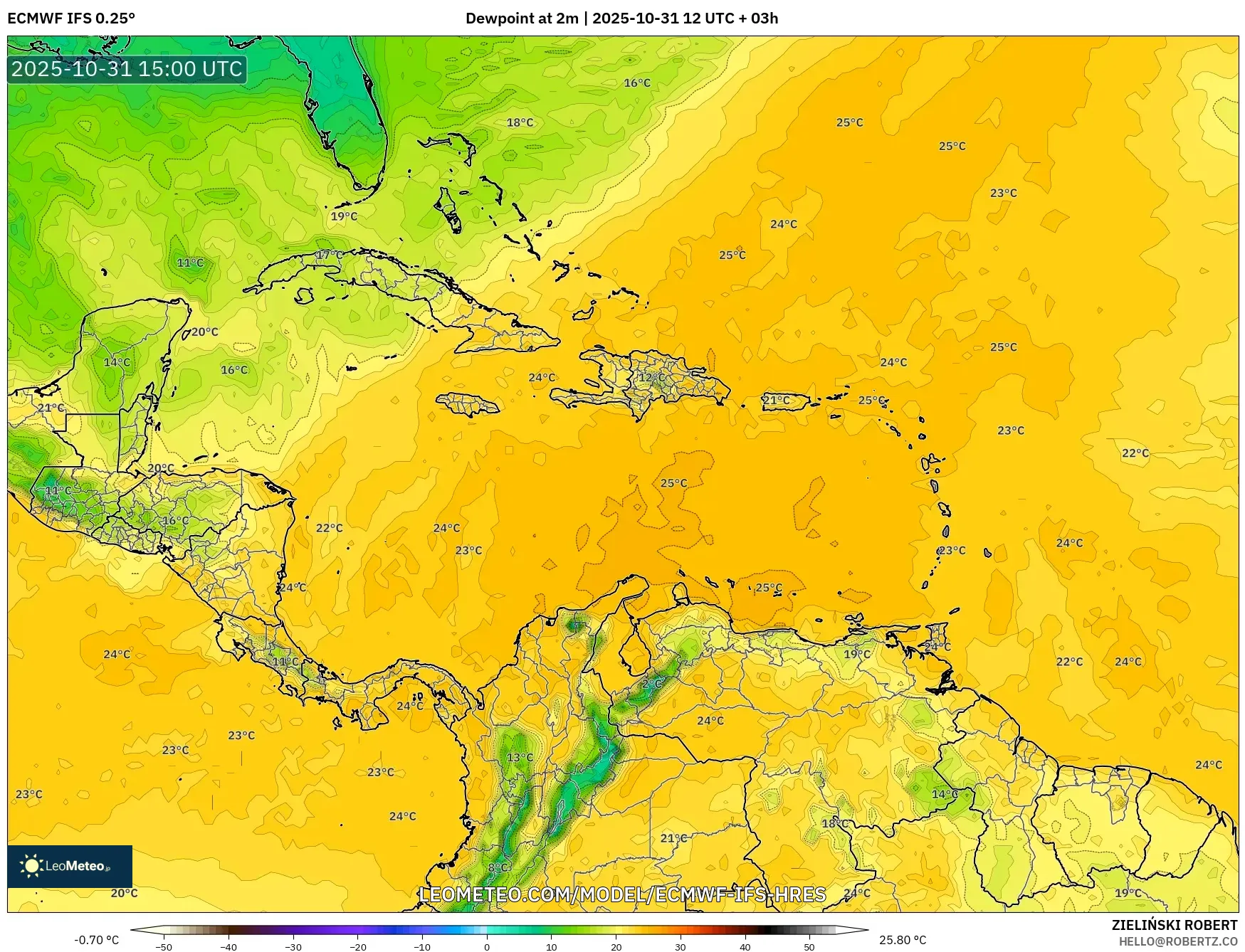 ECMWF IFS 0.25° model - Caribbean, Dewpoint at 2m ECMWF IFS 0.25° model - Caribbean, Dewpoint at 2m