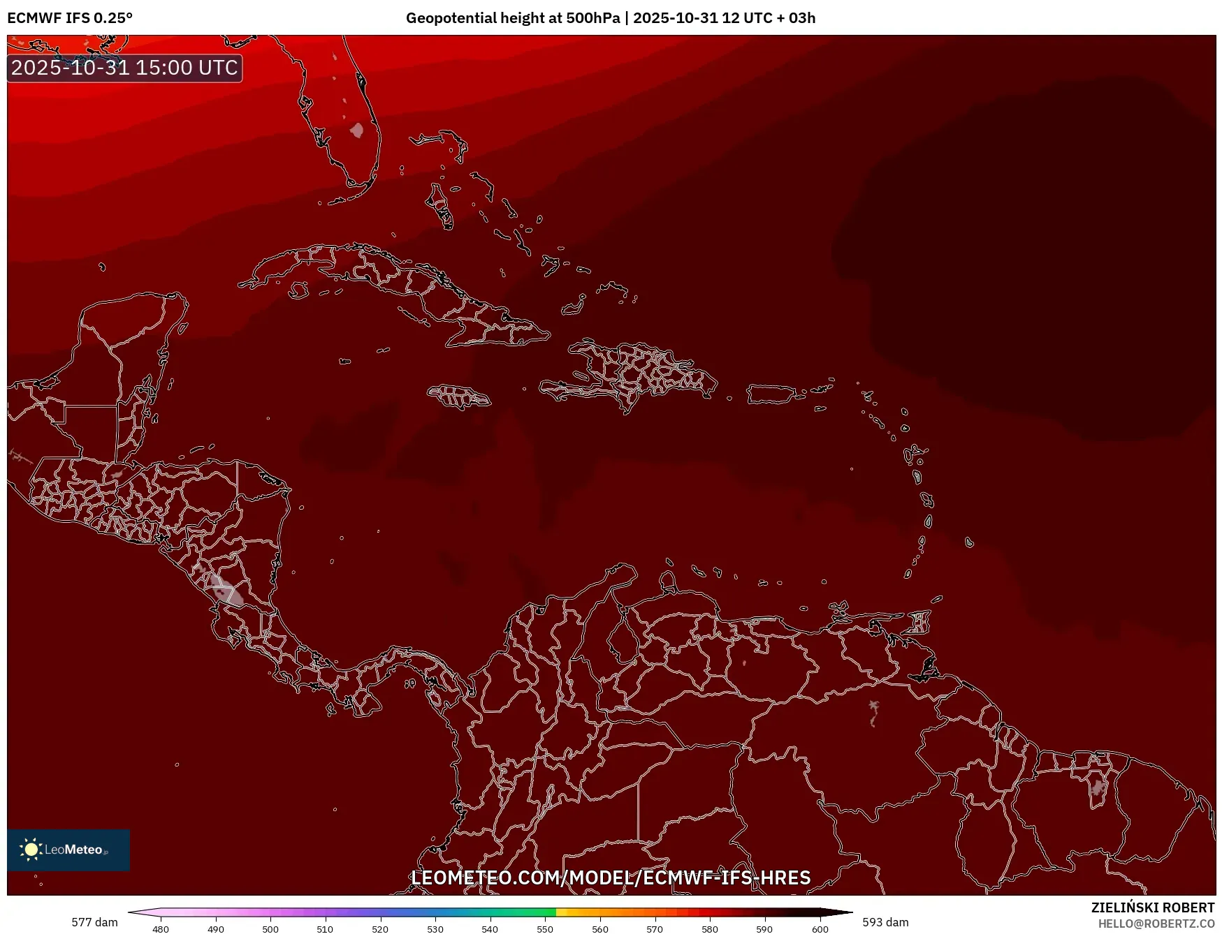 ECMWF IFS 0.25° model - Caribbean, Geopotential height at 500hPa ECMWF IFS 0.25° model - Caribbean, Geopotential height at 500hPa