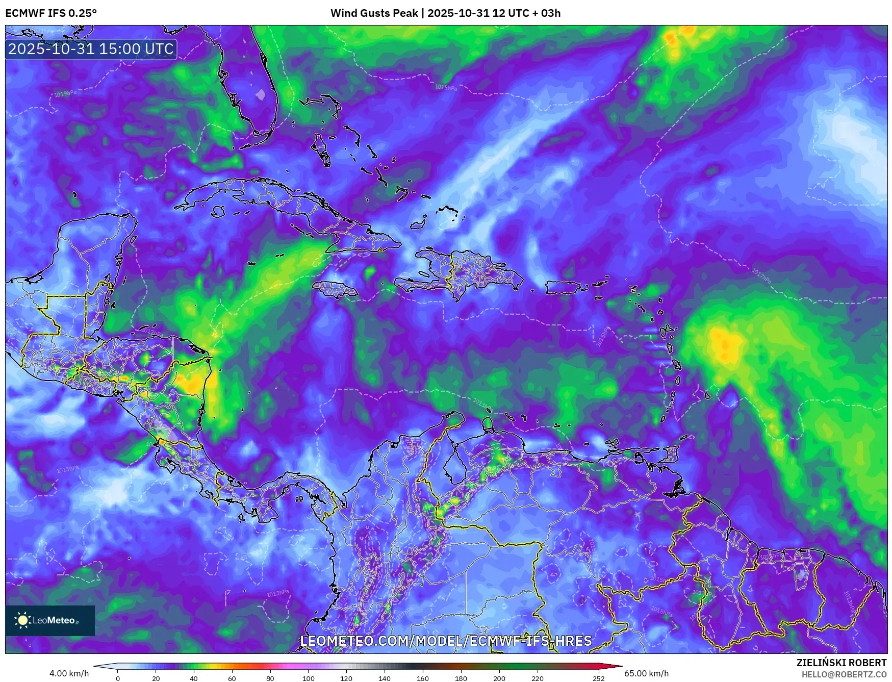 ECMWF IFS 0.25° model - Caribbean, Wind Gusts Peak ECMWF IFS 0.25° model - Caribbean, Wind Gusts Peak