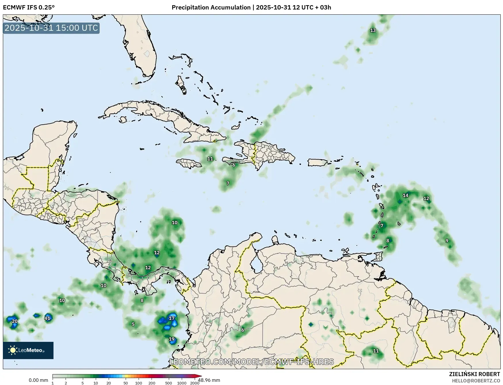 ECMWF IFS 0.25° model - Caribbean, Precipitation Accumulation