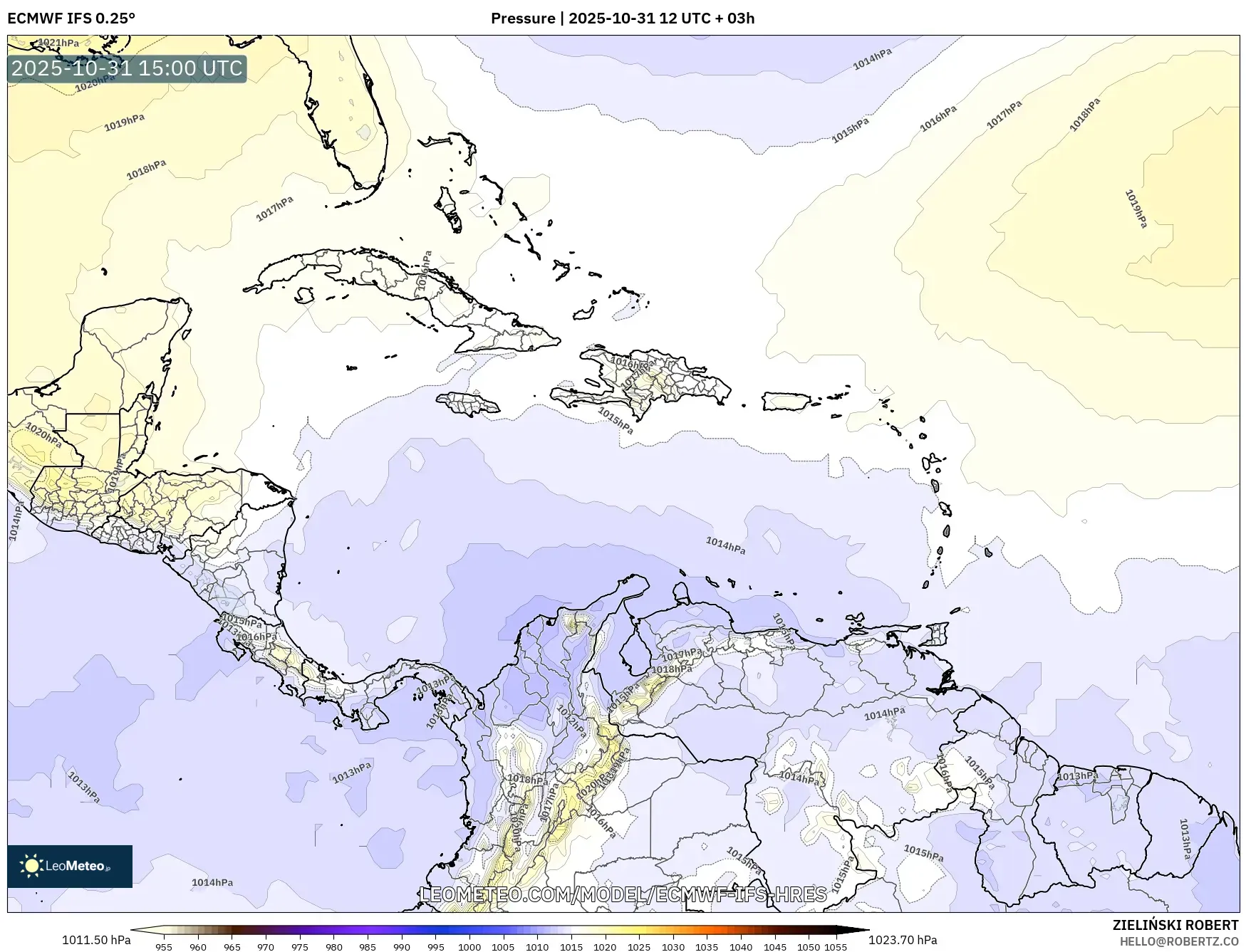 ECMWF IFS 0.25° model - Caribbean, Pressure ECMWF IFS 0.25° model - Caribbean, Pressure