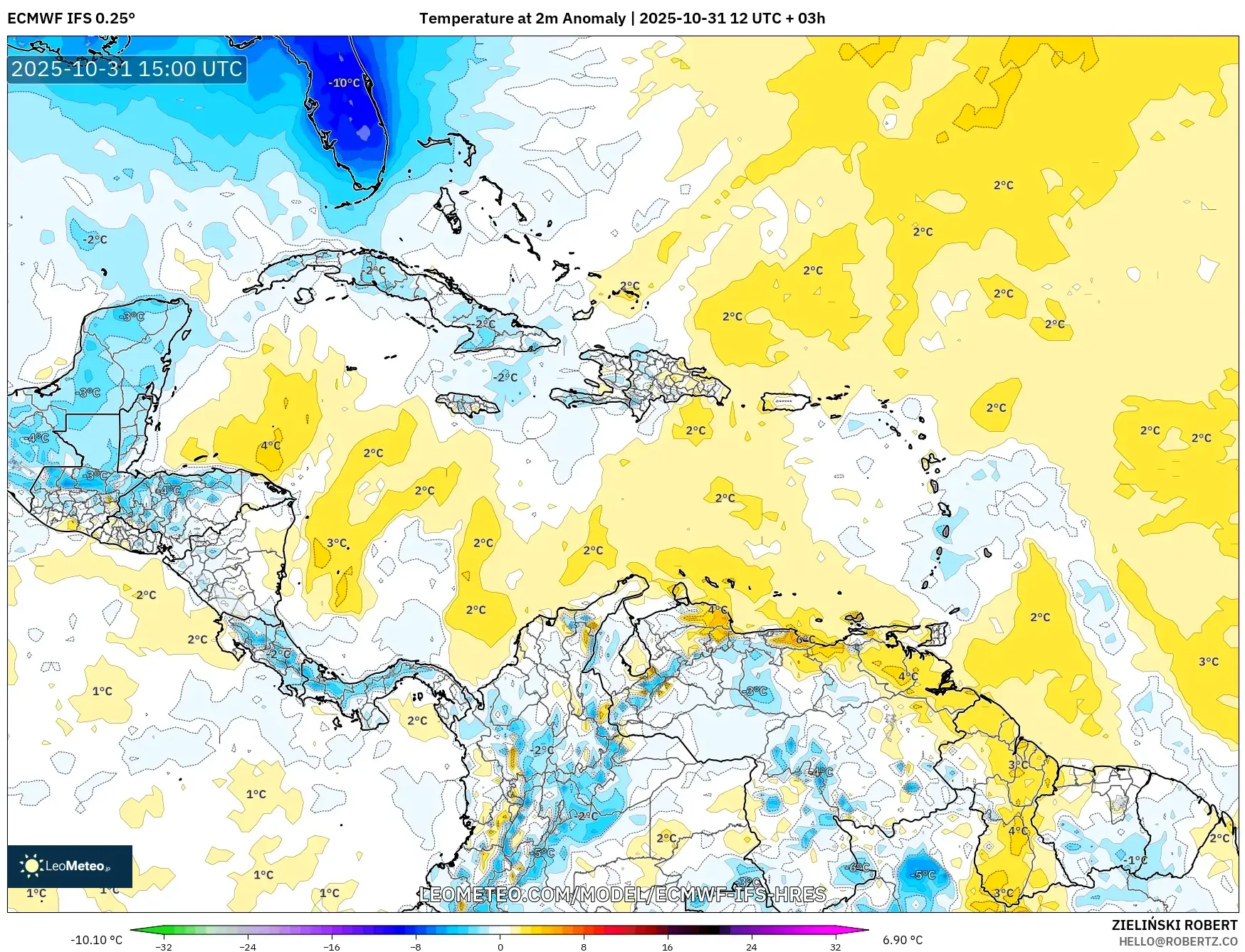 ECMWF IFS 0.25° model - Caribbean, Temperature at 2m Anomaly ECMWF IFS 0.25° model - Caribbean, Temperature at 2m Anomaly