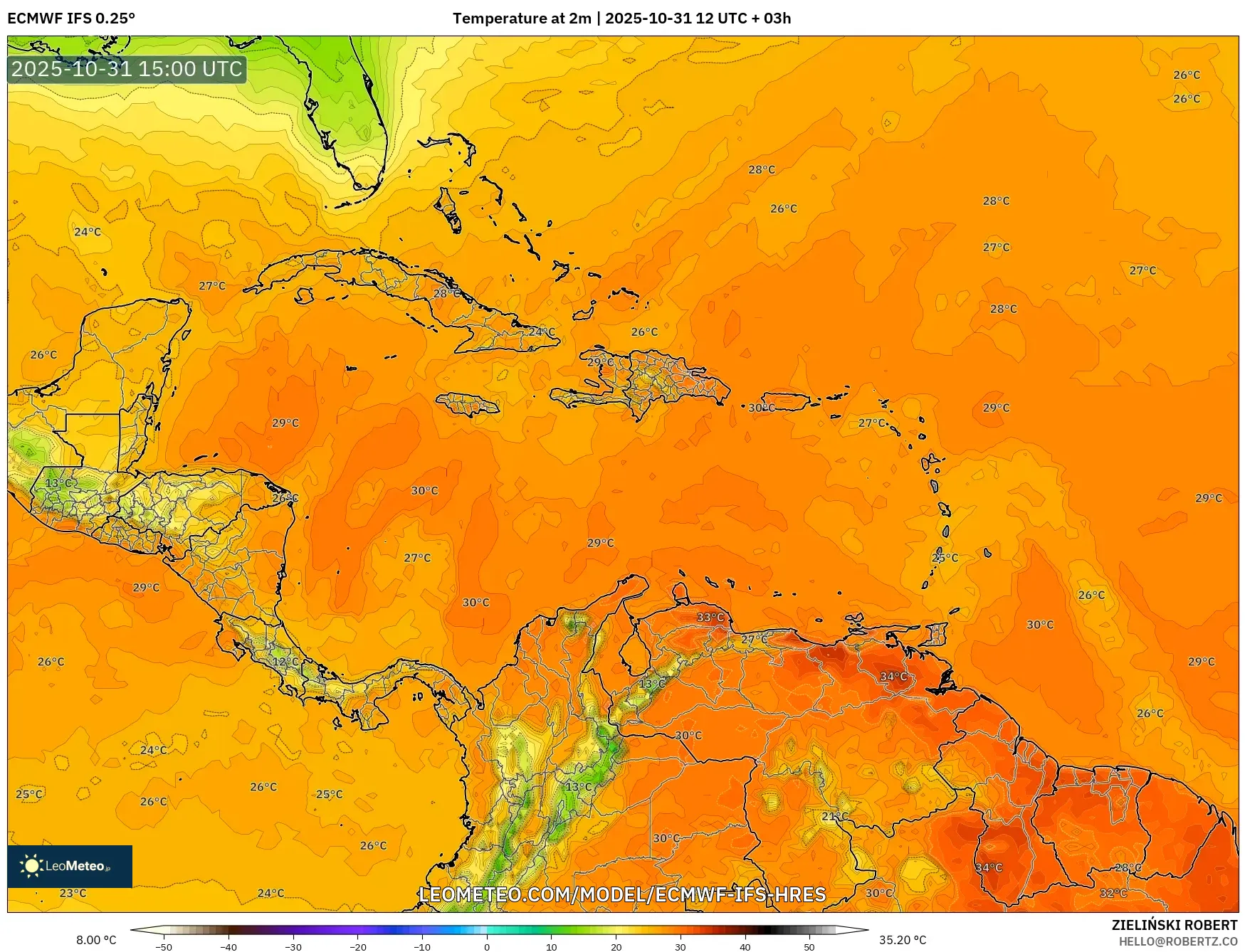 ECMWF IFS 0.25° model - Caribbean, Temperature at 2m ECMWF IFS 0.25° model - Caribbean, Temperature at 2m