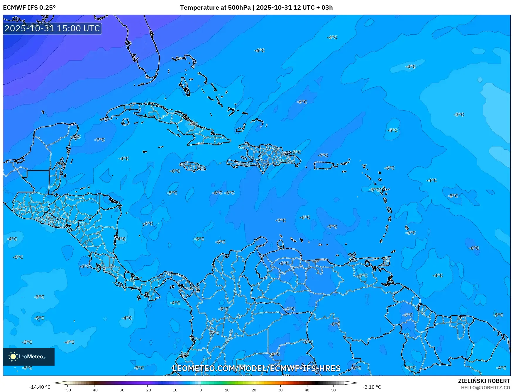 ECMWF IFS 0.25° model - Caribbean, Temperature at 500hPa