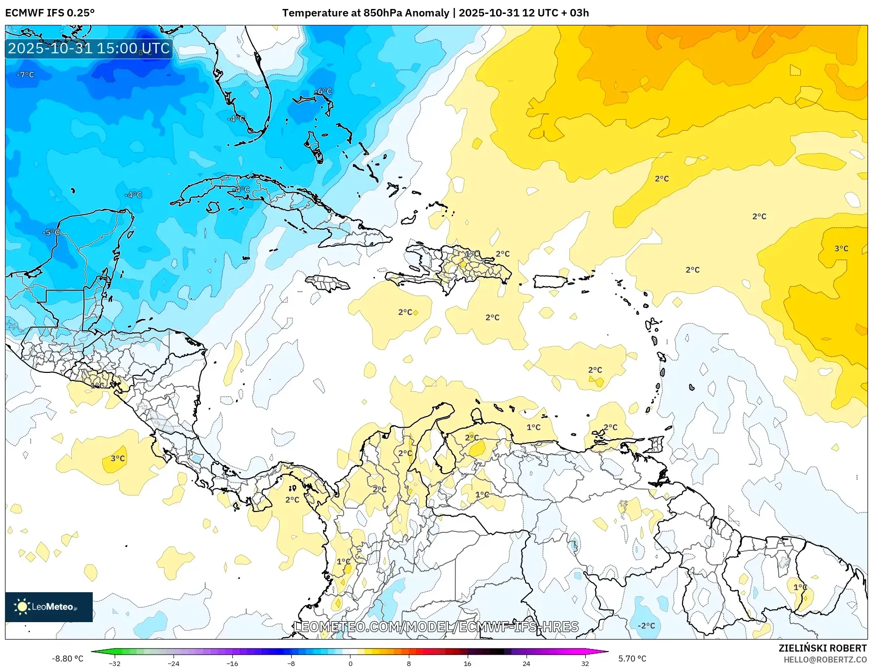 ECMWF IFS 0.25° model - Caribbean, Temperature at 850hPa Anomaly ECMWF IFS 0.25° model - Caribbean, Temperature at 850hPa Anomaly