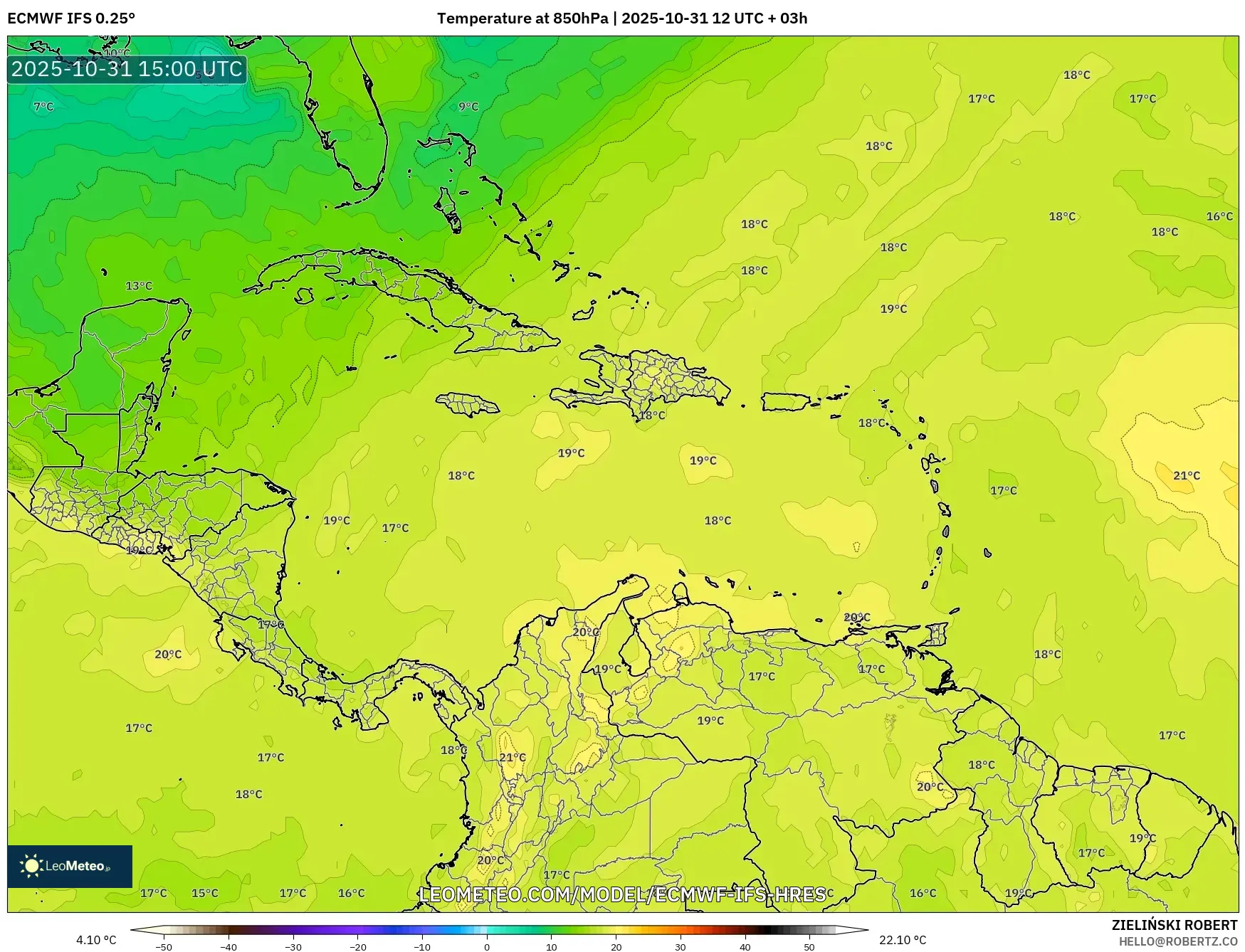 ECMWF IFS 0.25° model - Caribbean, Temperature at 850hPa