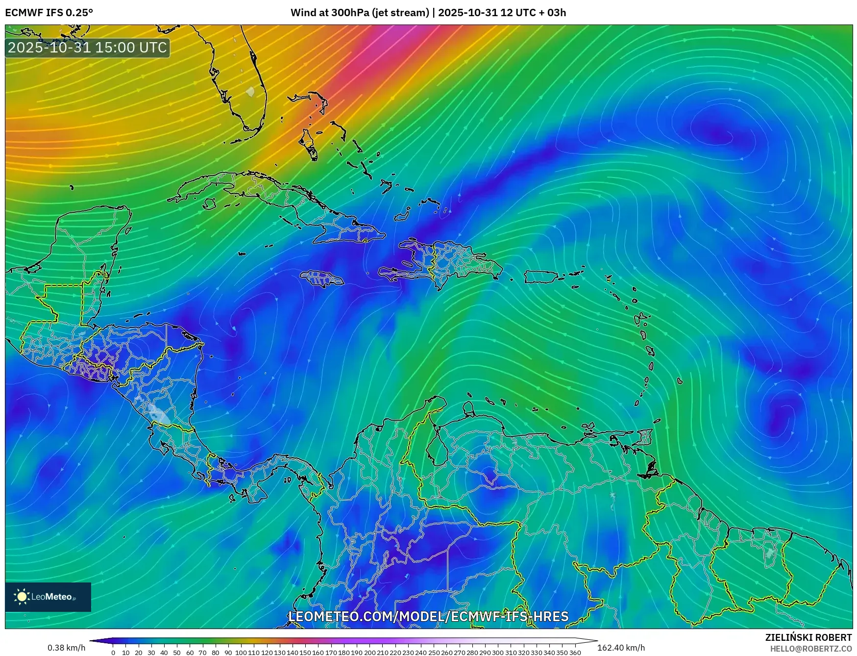 ECMWF IFS 0.25° model - Caribbean, Wind at 300hPa (jet stream) ECMWF IFS 0.25° model - Caribbean, Wind at 300hPa (jet stream)