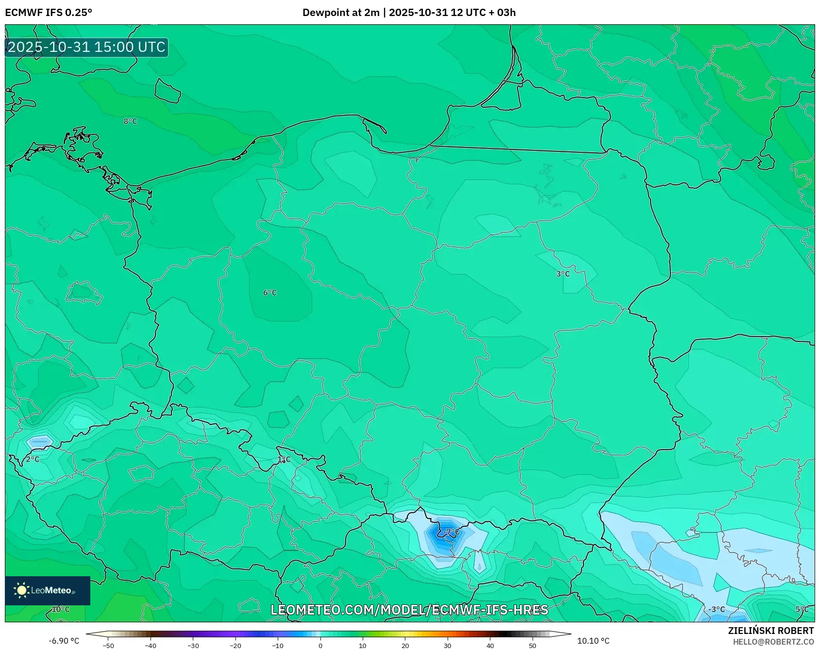 ECMWF IFS 0.25° model - Poland, Dewpoint at 2m ECMWF IFS 0.25° model - Poland, Dewpoint at 2m