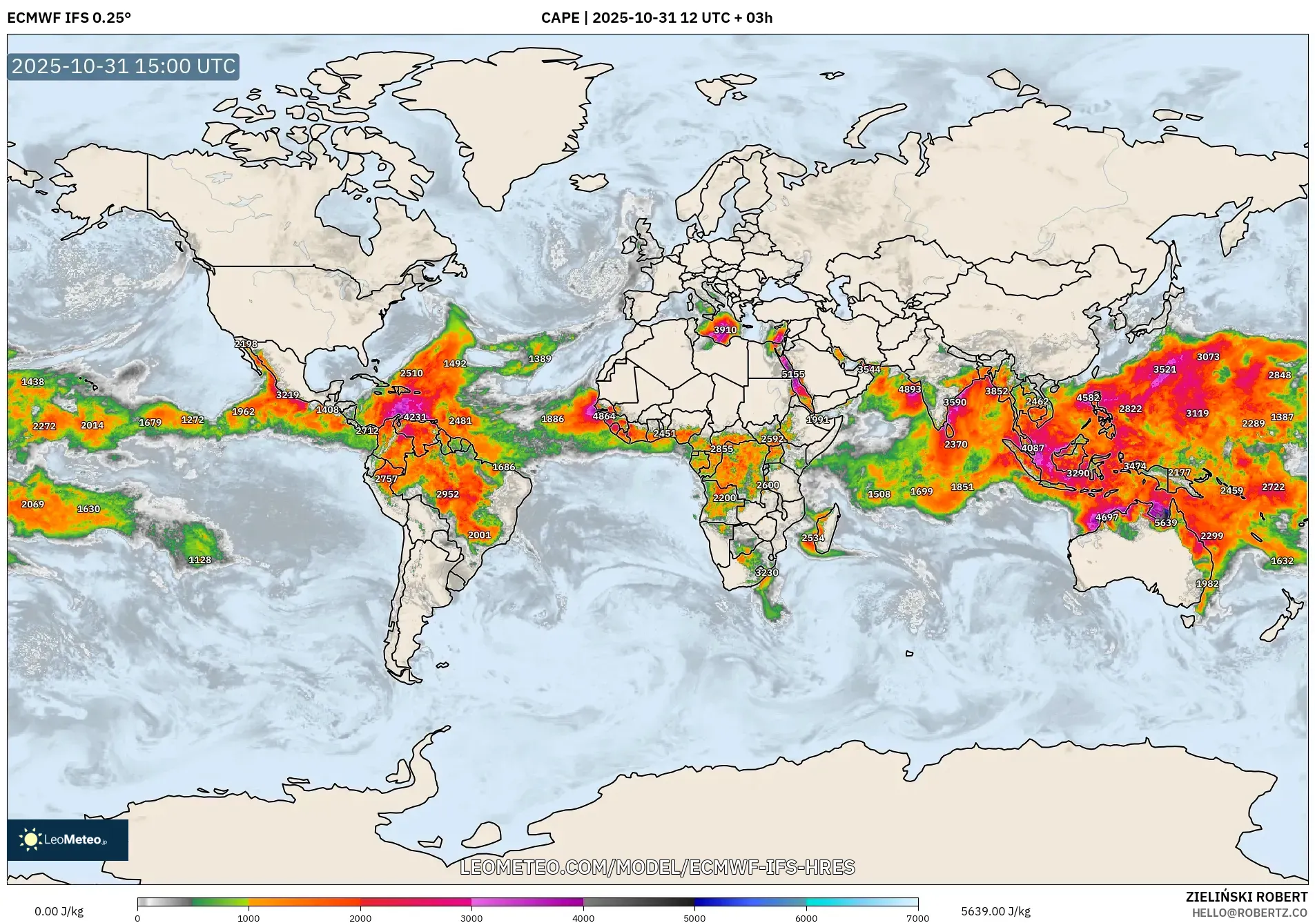 ECMWF IFS 0.25° model - World, CAPE ECMWF IFS 0.25° model - World, CAPE