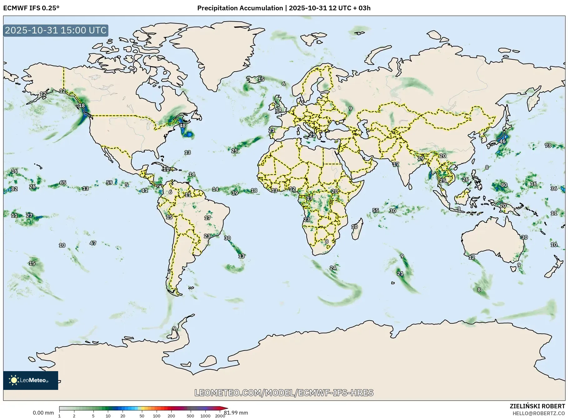 ECMWF IFS 0.25° model - World, Precipitation Accumulation