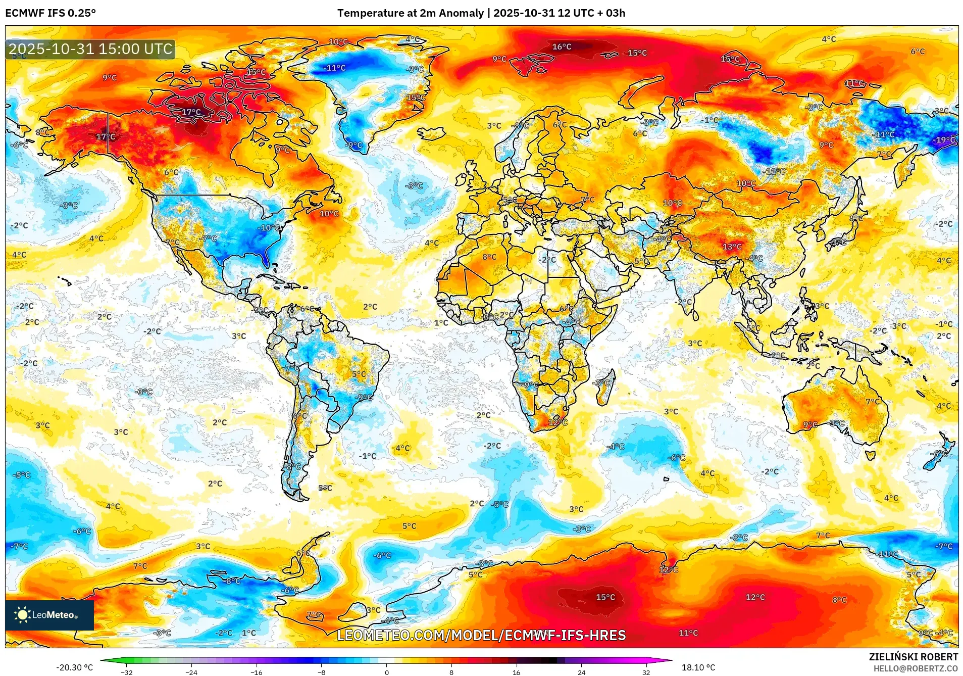 ECMWF IFS 0.25° model - World, Temperature at 2m Anomaly ECMWF IFS 0.25° model - World, Temperature at 2m Anomaly