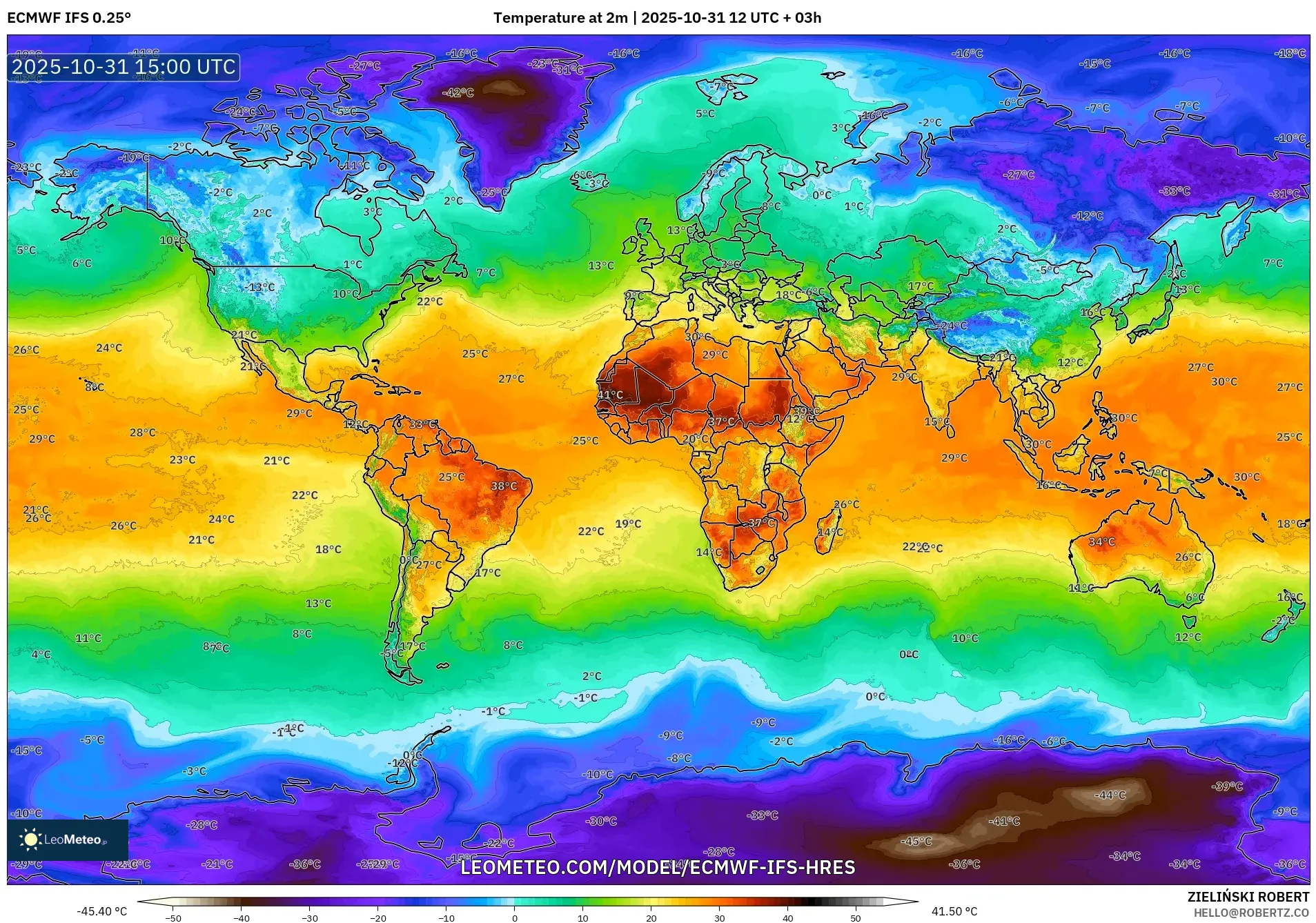 ECMWF IFS 0.25° model - World, Temperature at 2m ECMWF IFS 0.25° model - World, Temperature at 2m