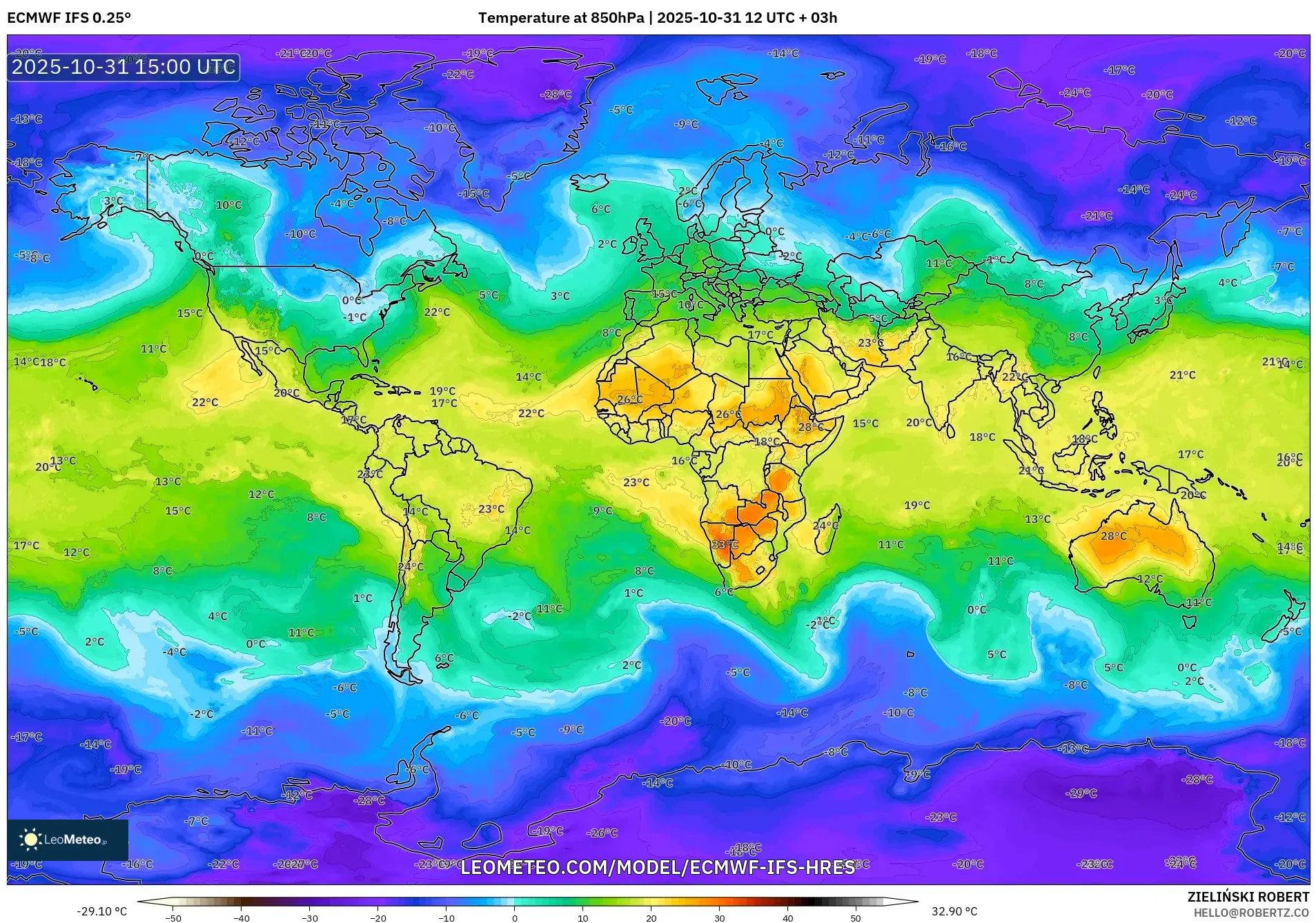 ECMWF IFS 0.25° model - World, Temperature at 850hPa ECMWF IFS 0.25° model - World, Temperature at 850hPa