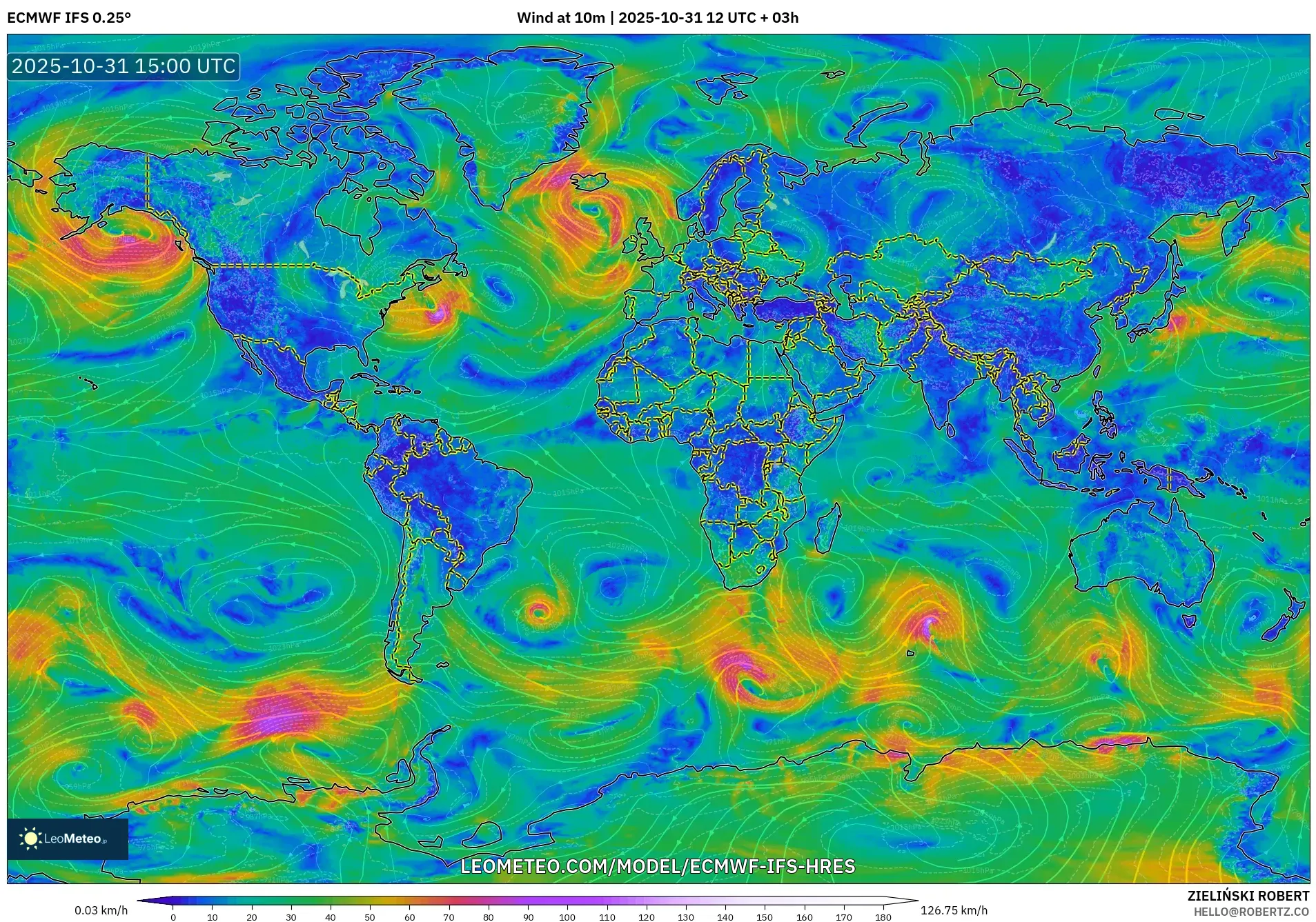 ECMWF IFS 0.25° model - World, Wind at 10m ECMWF IFS 0.25° model - World, Wind at 10m