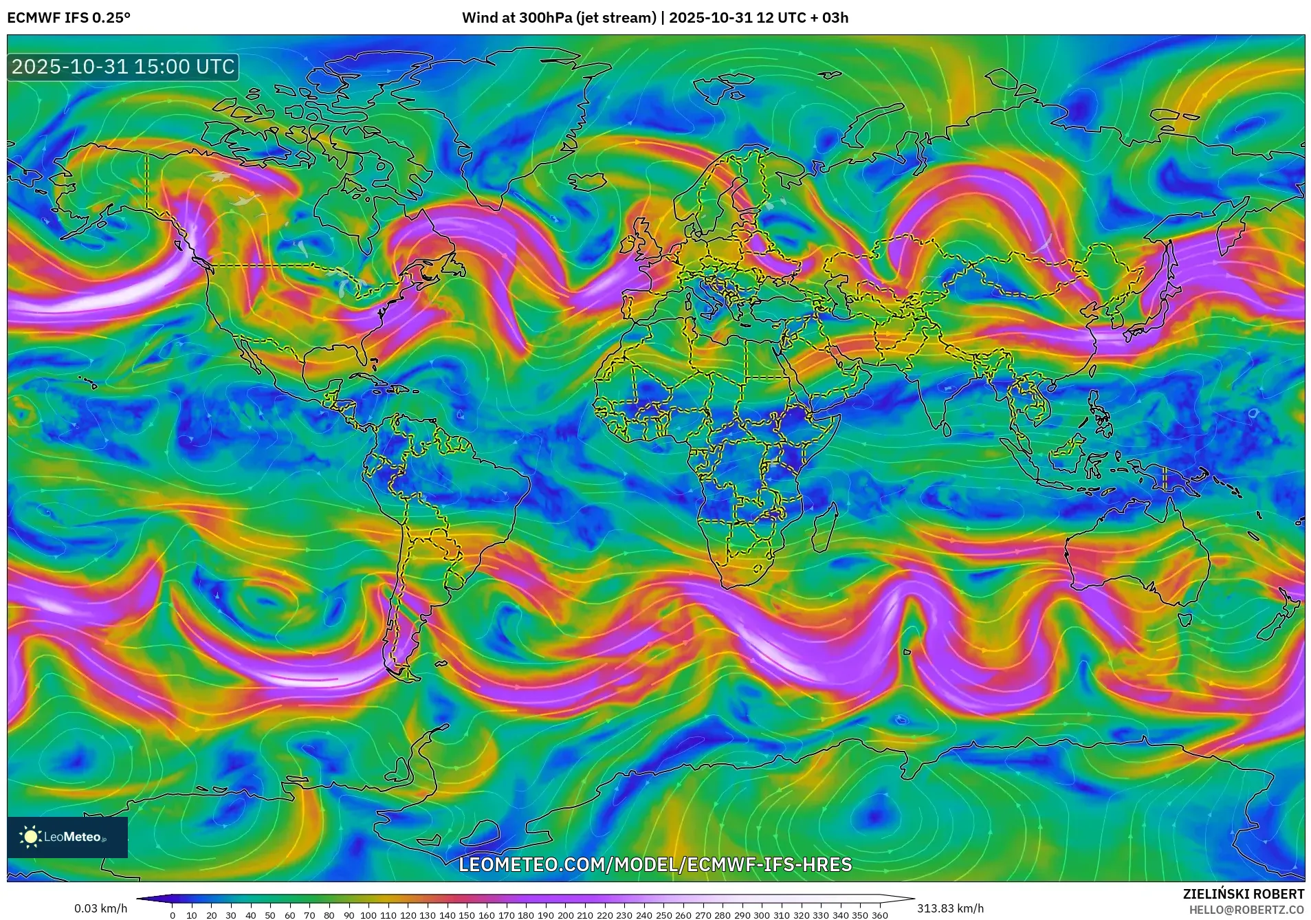 ECMWF IFS 0.25° model - World, Wind at 300hPa (jet stream) ECMWF IFS 0.25° model - World, Wind at 300hPa (jet stream)