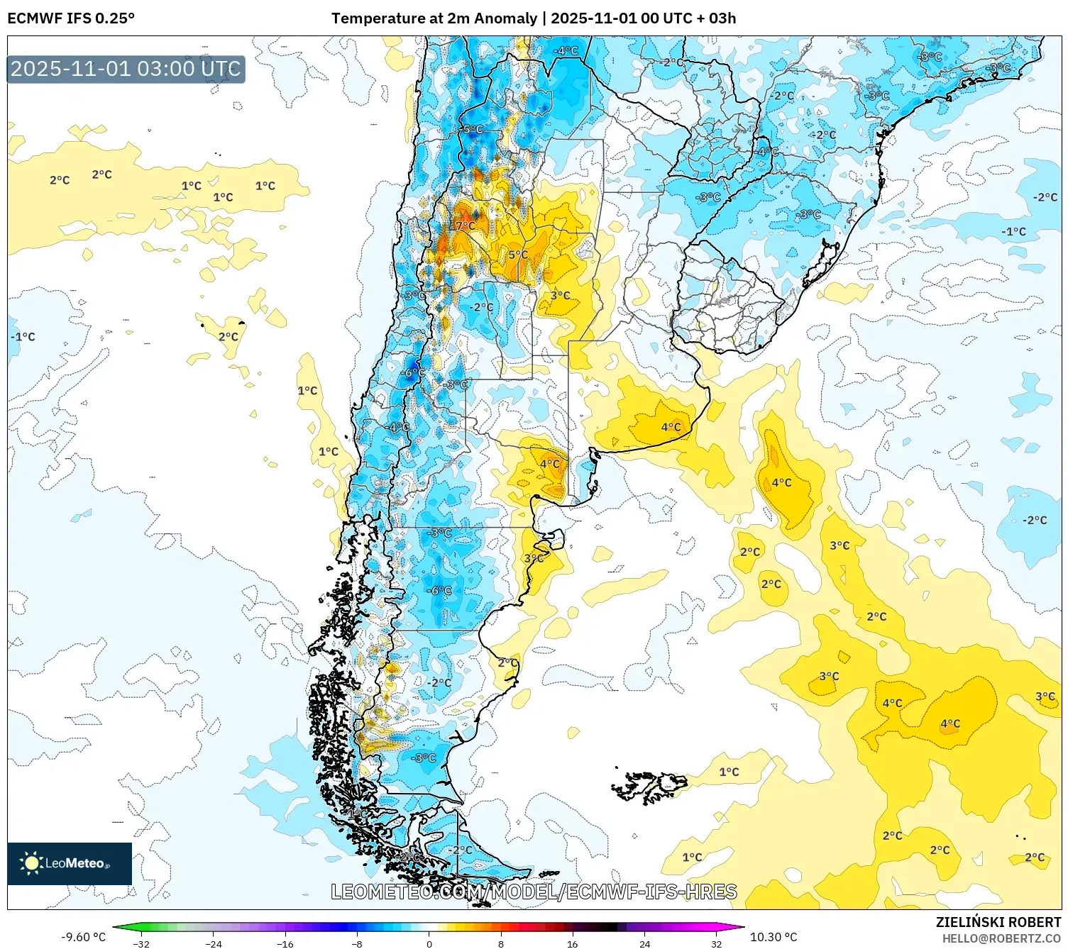 ECMWF IFS 0.25° model - Argentina, Temperature at 2m Anomaly