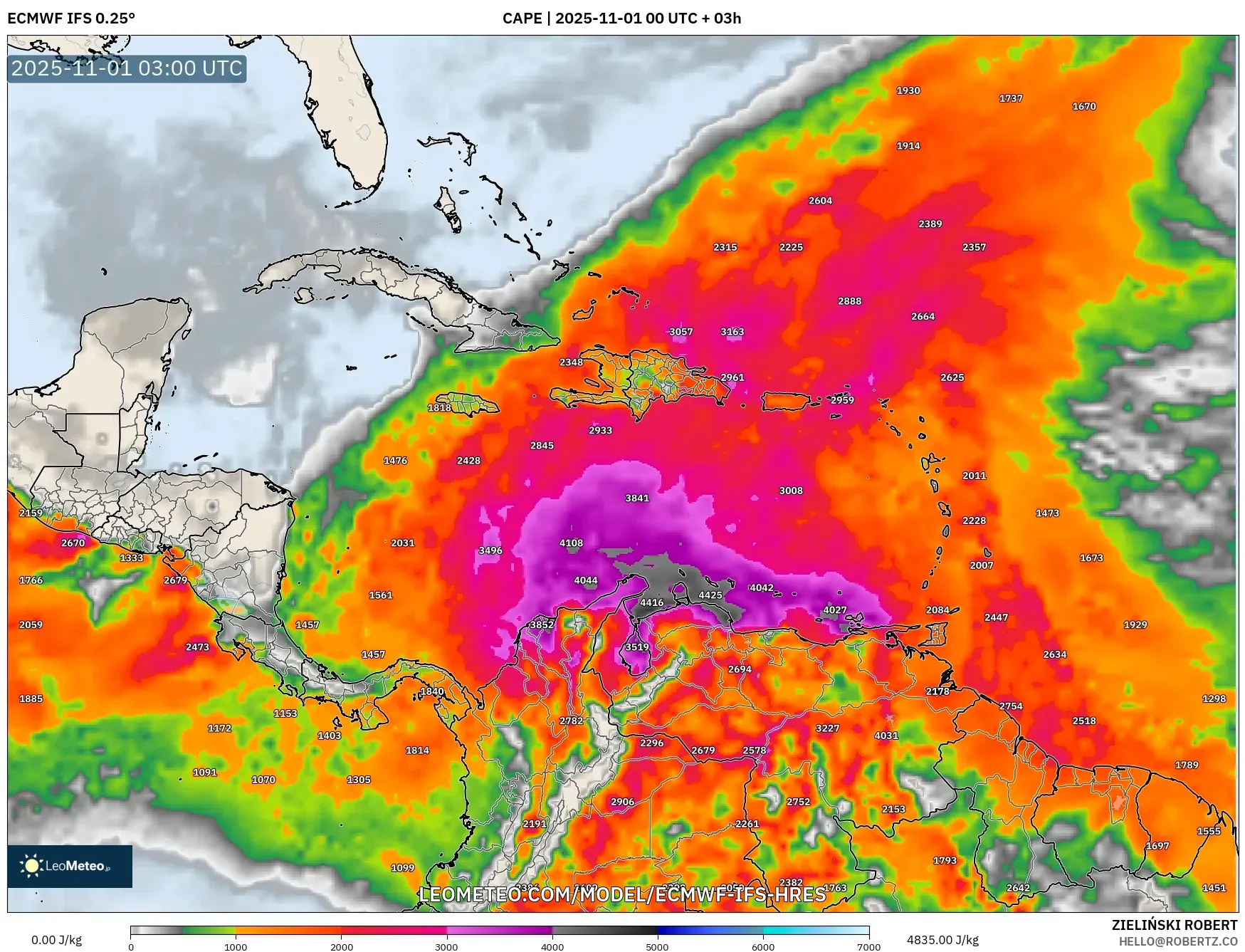 ECMWF IFS 0.25° model - Caribbean, CAPE ECMWF IFS 0.25° model - Caribbean, CAPE