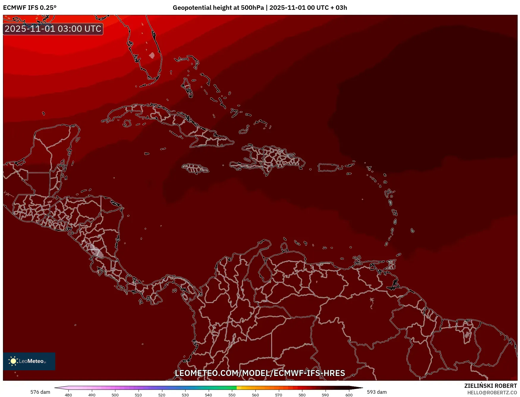 ECMWF IFS 0.25° model - Caribbean, Geopotential height at 500hPa ECMWF IFS 0.25° model - Caribbean, Geopotential height at 500hPa