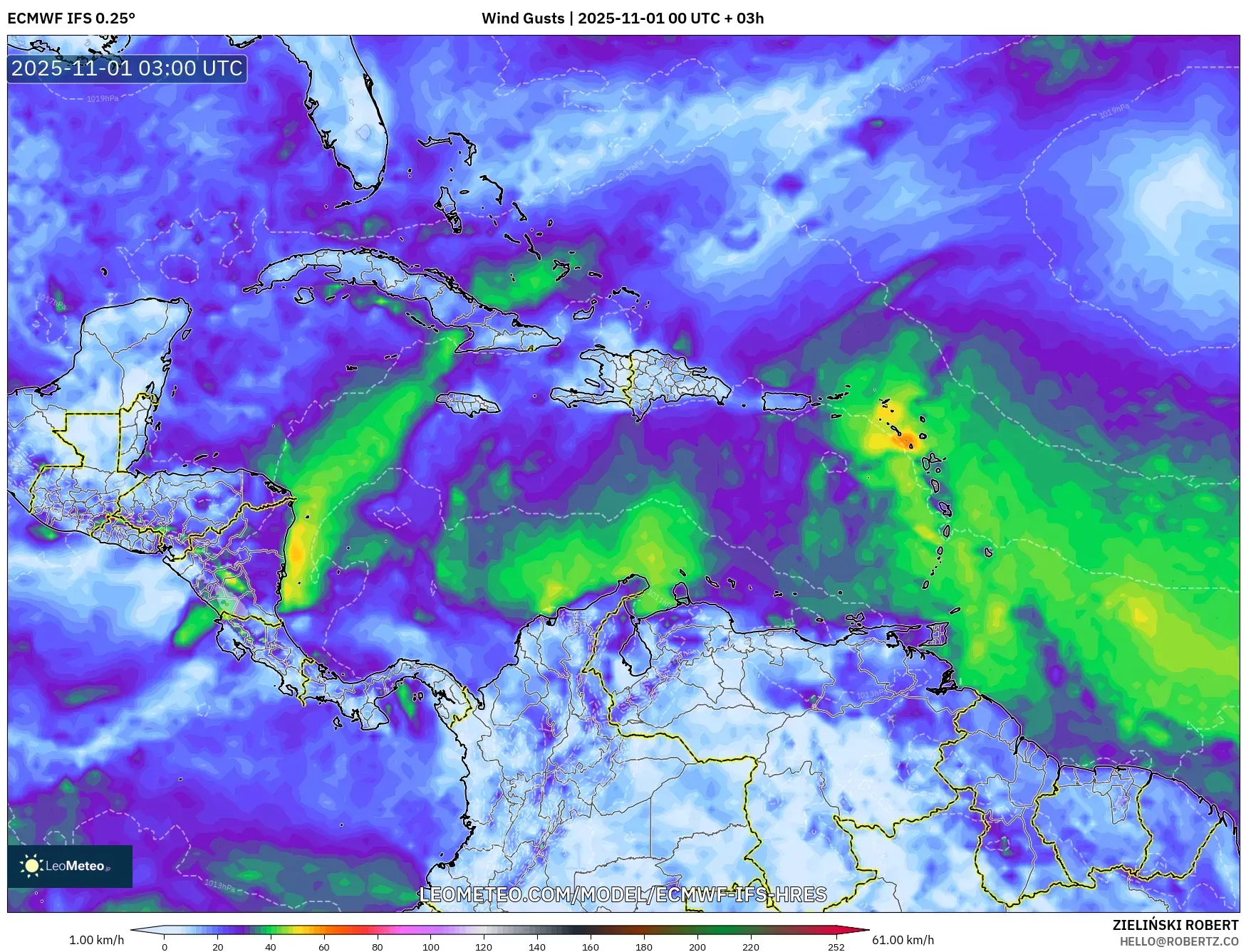 ECMWF IFS 0.25° model - Caribbean, Wind Gusts ECMWF IFS 0.25° model - Caribbean, Wind Gusts