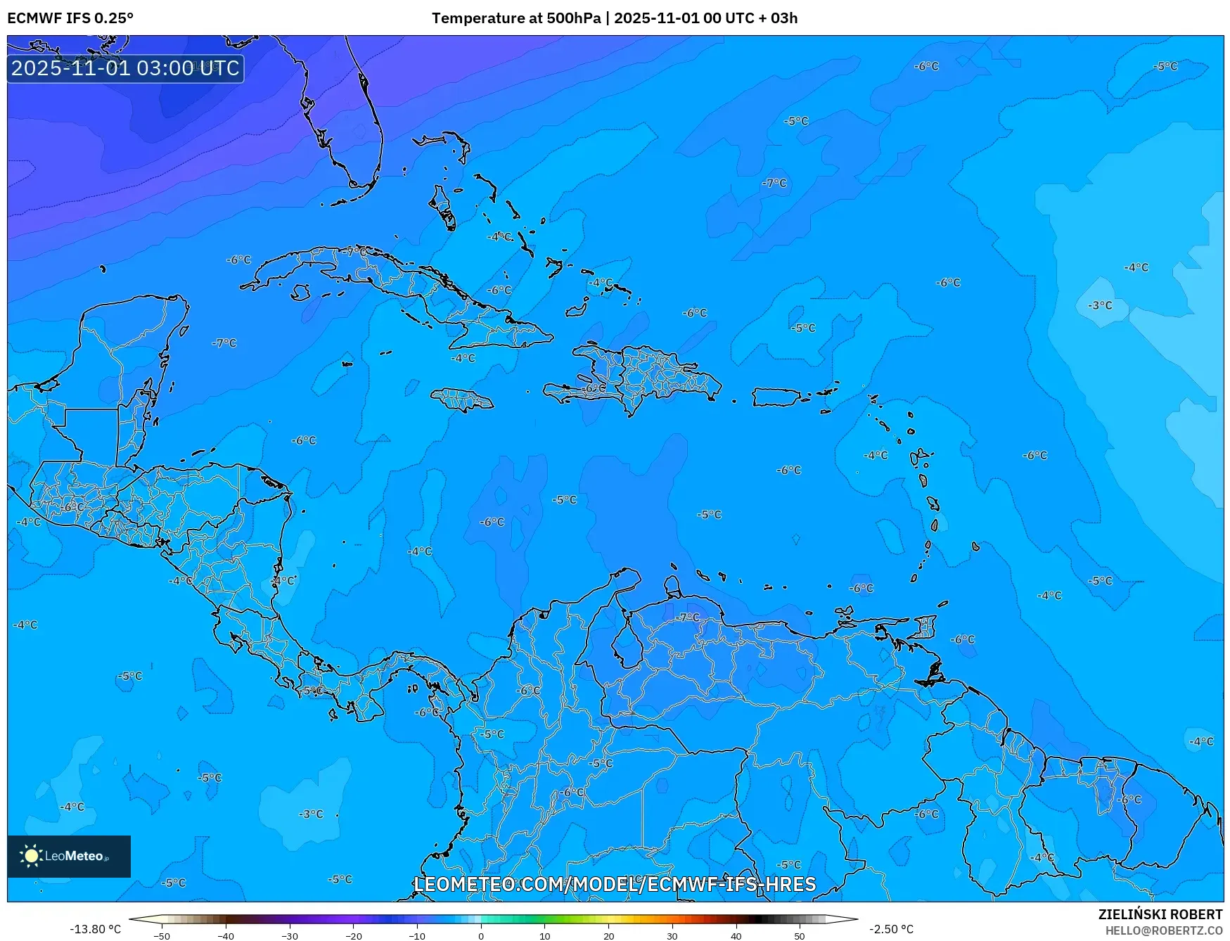 ECMWF IFS 0.25° model - Caribbean, Temperature at 500hPa ECMWF IFS 0.25° model - Caribbean, Temperature at 500hPa