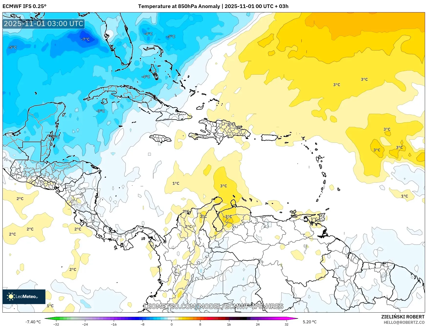 ECMWF IFS 0.25° model - Caribbean, Temperature at 850hPa Anomaly ECMWF IFS 0.25° model - Caribbean, Temperature at 850hPa Anomaly