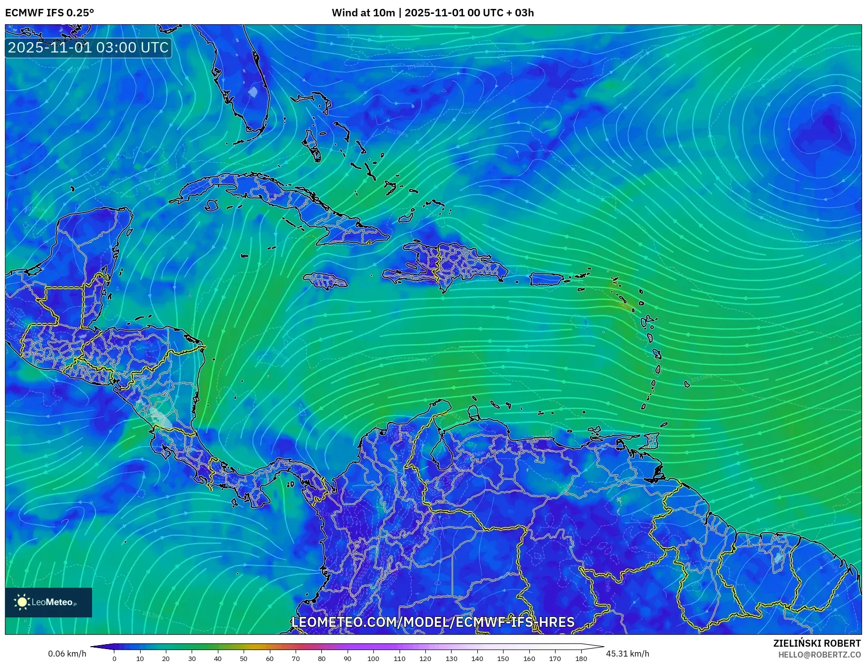 ECMWF IFS 0.25° model - Caribbean, Wind at 10m ECMWF IFS 0.25° model - Caribbean, Wind at 10m