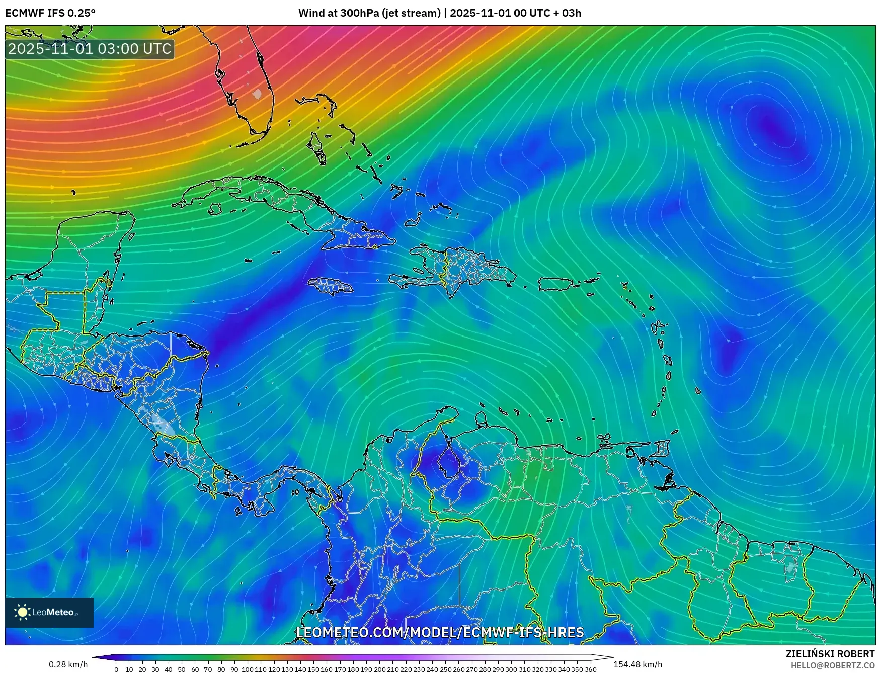 ECMWF IFS 0.25° model - Caribbean, Wind at 300hPa (jet stream) ECMWF IFS 0.25° model - Caribbean, Wind at 300hPa (jet stream)