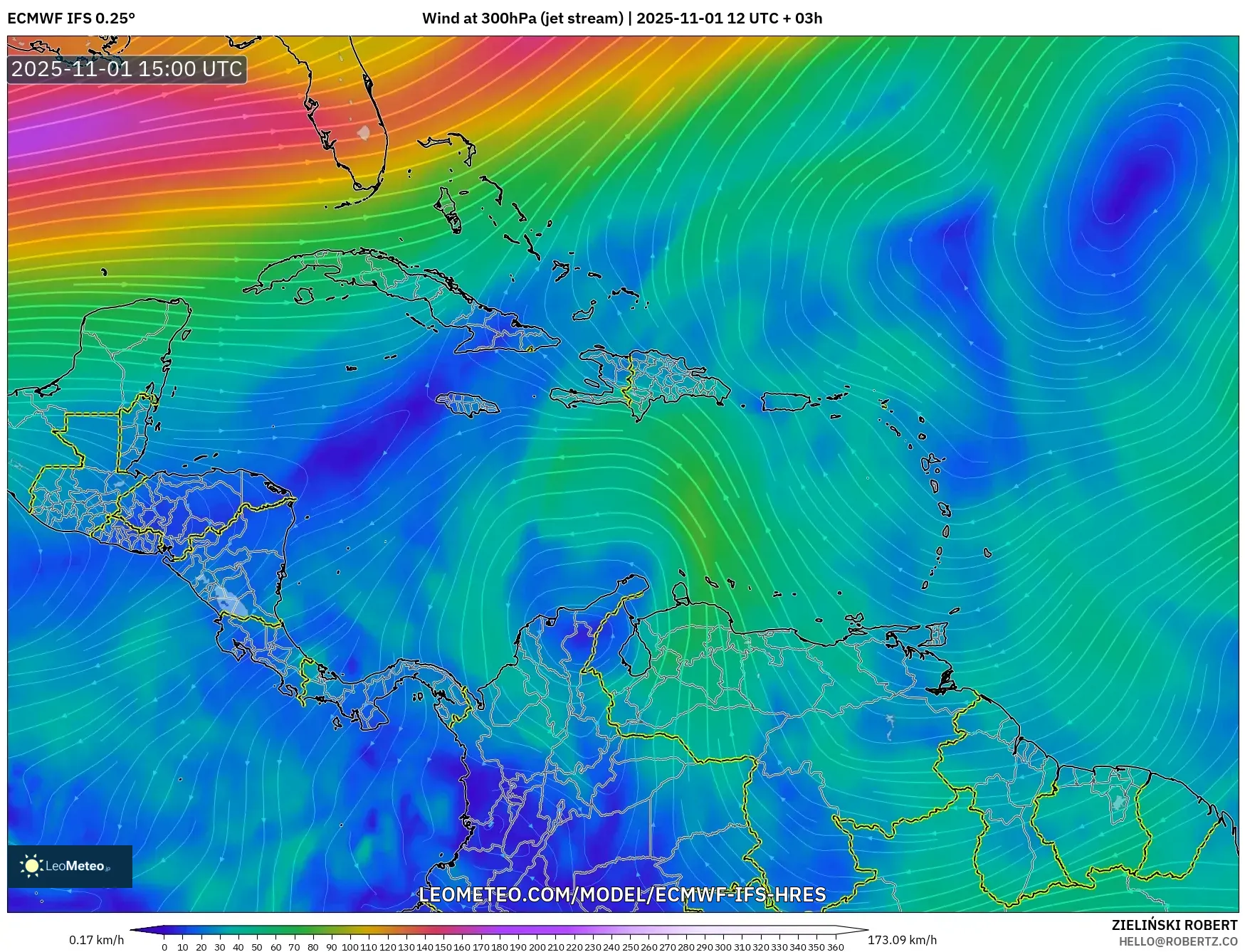 ECMWF IFS 0.25° model - Caribbean, Wind at 300hPa (jet stream) ECMWF IFS 0.25° model - Caribbean, Wind at 300hPa (jet stream)
