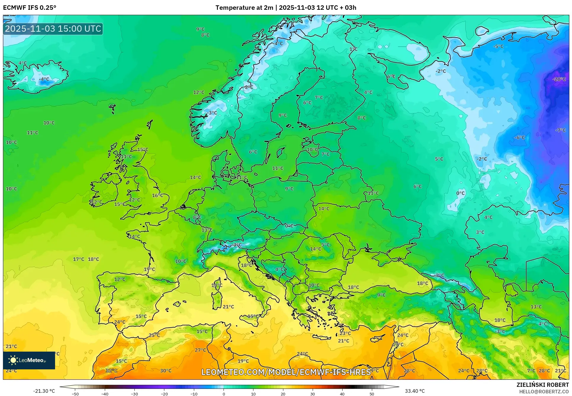 ECMWF IFS 0.25° model - Europe, Temperature at 2m