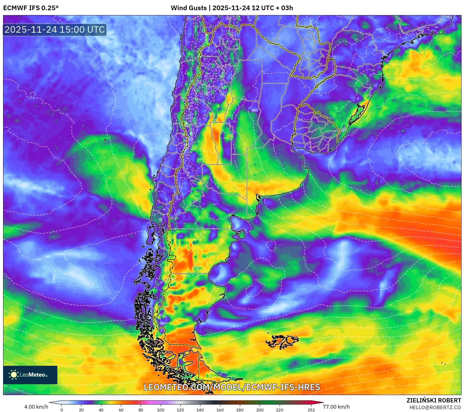 ECMWF IFS 0.25° model - Argentina, Wind Gusts