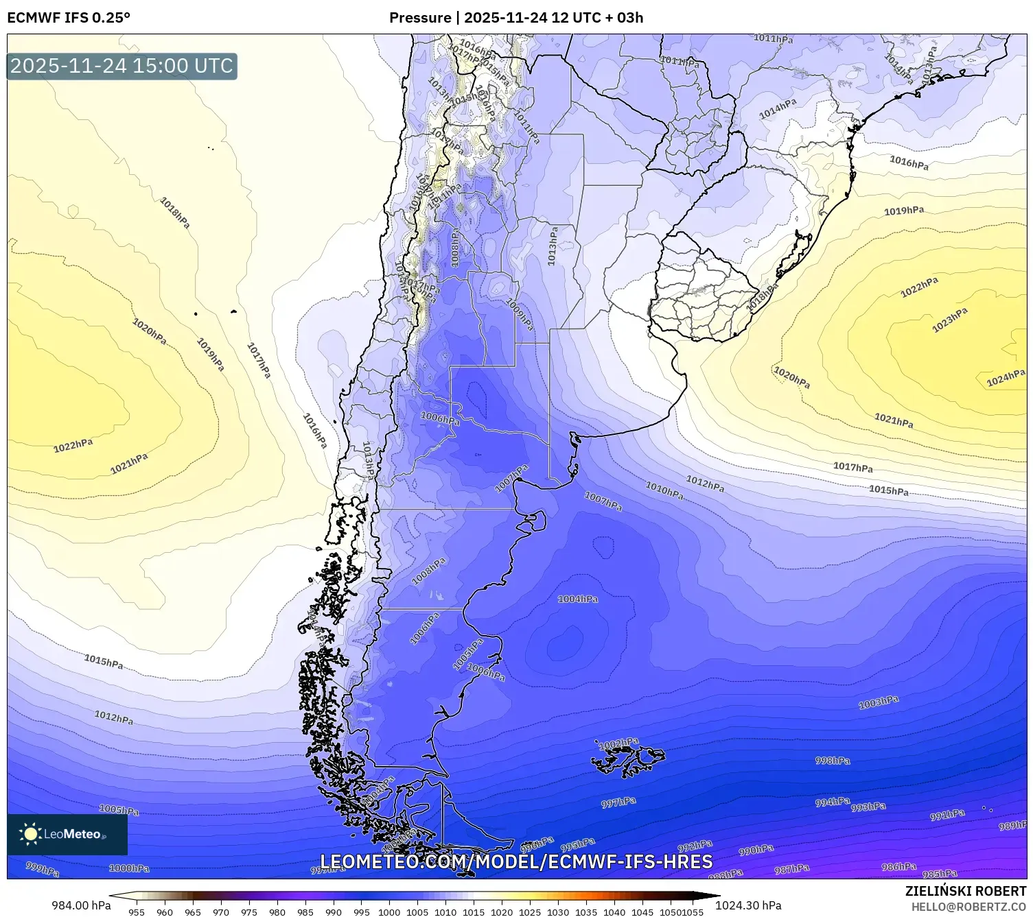 ECMWF IFS 0.25° model - Argentina, Pressure