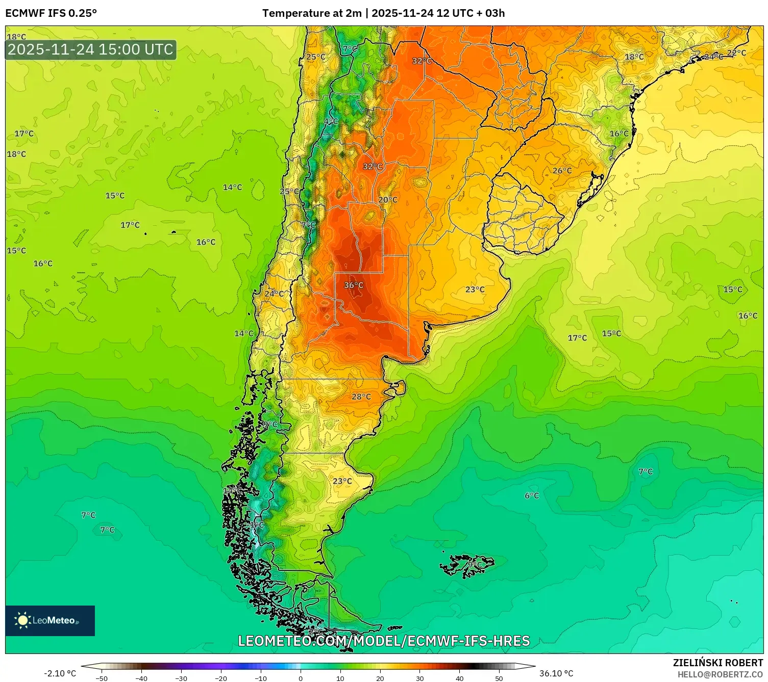 ECMWF IFS 0.25° model - Argentina, Temperature at 2m