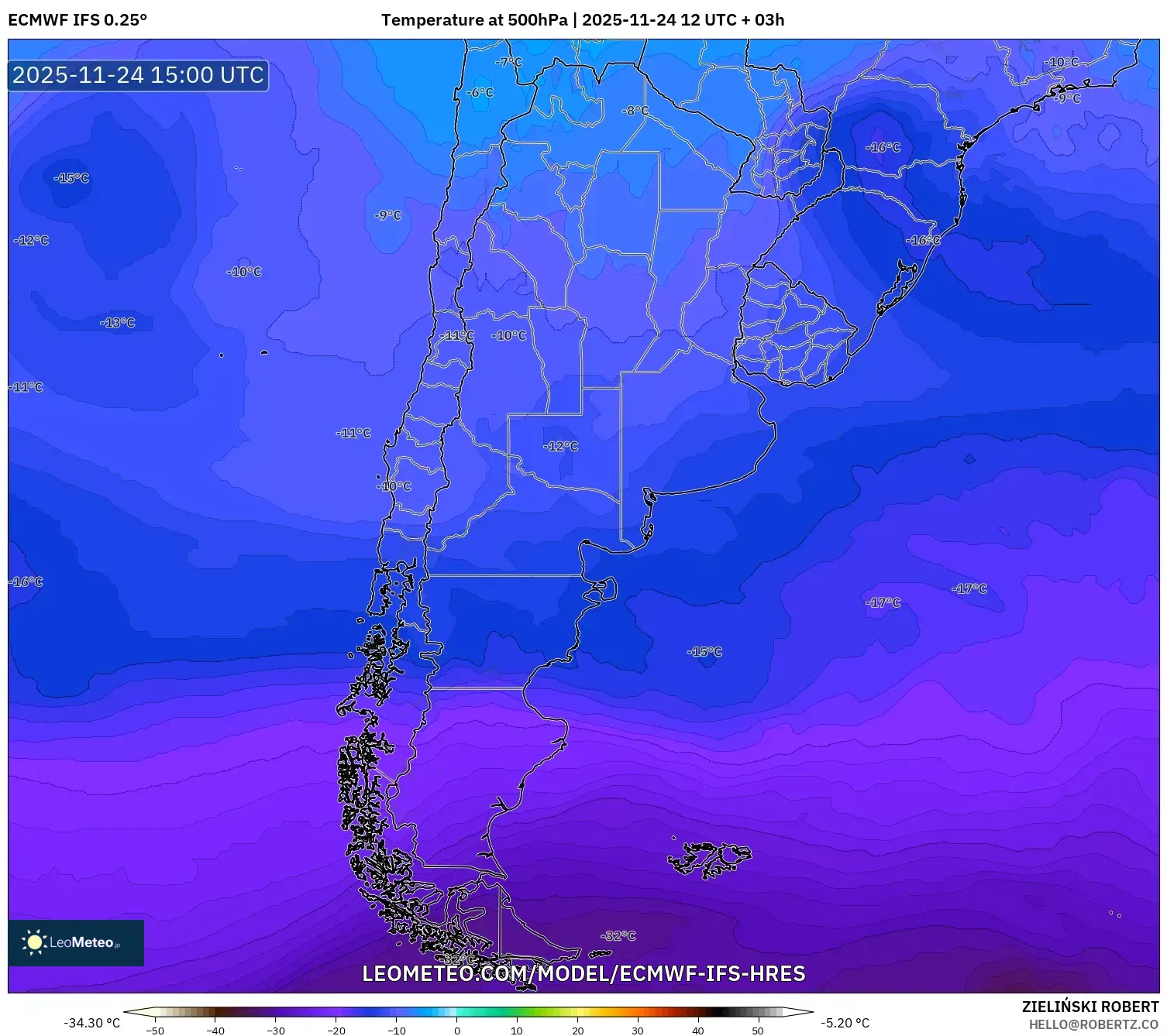 ECMWF IFS 0.25° model - Argentina, Temperature at 500hPa