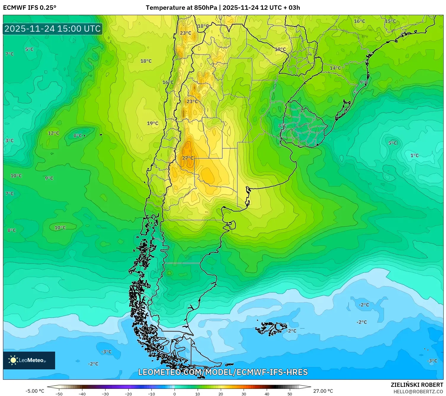 ECMWF IFS 0.25° model - Argentina, Temperature at 850hPa