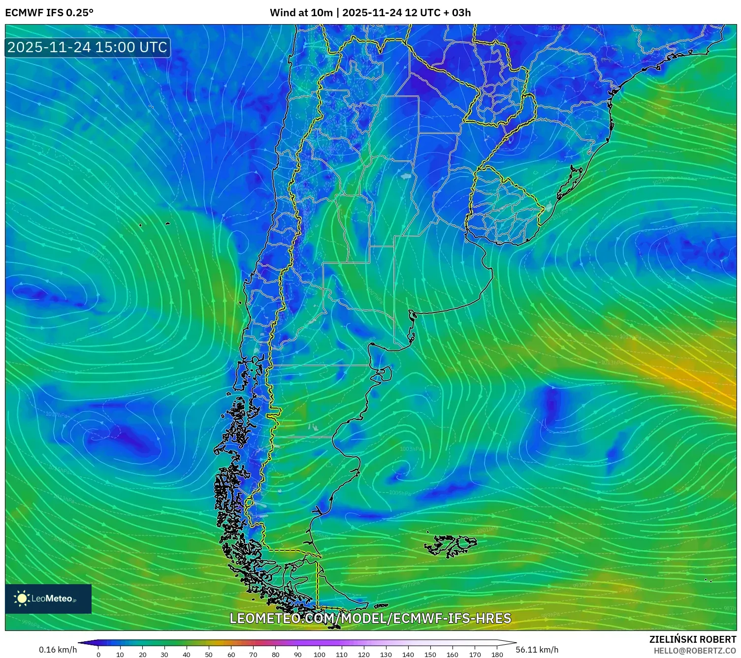 ECMWF IFS 0.25° model - Argentina, Wind at 10m
