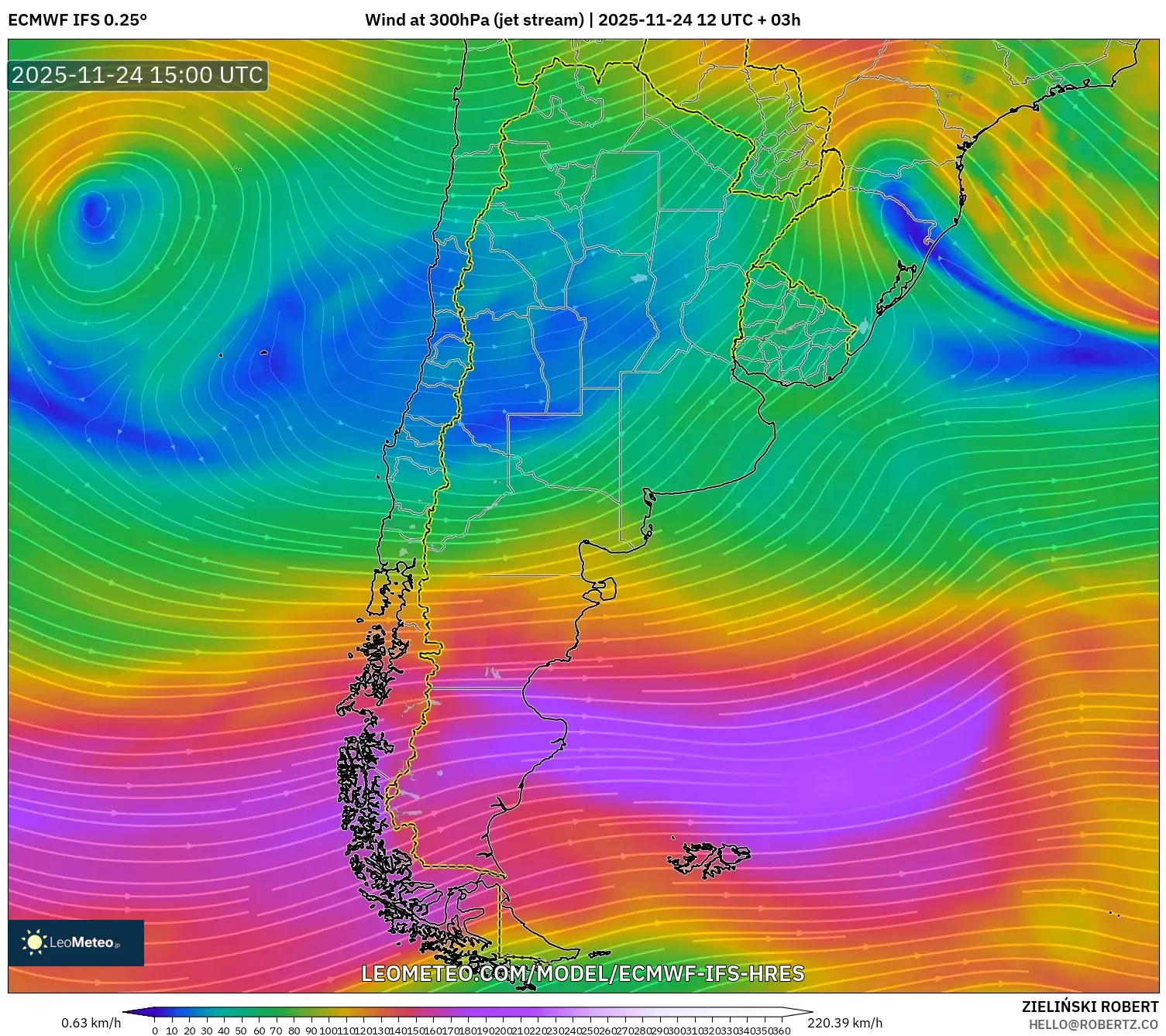 ECMWF IFS 0.25° model - Argentina, Wind at 300hPa (jet stream)