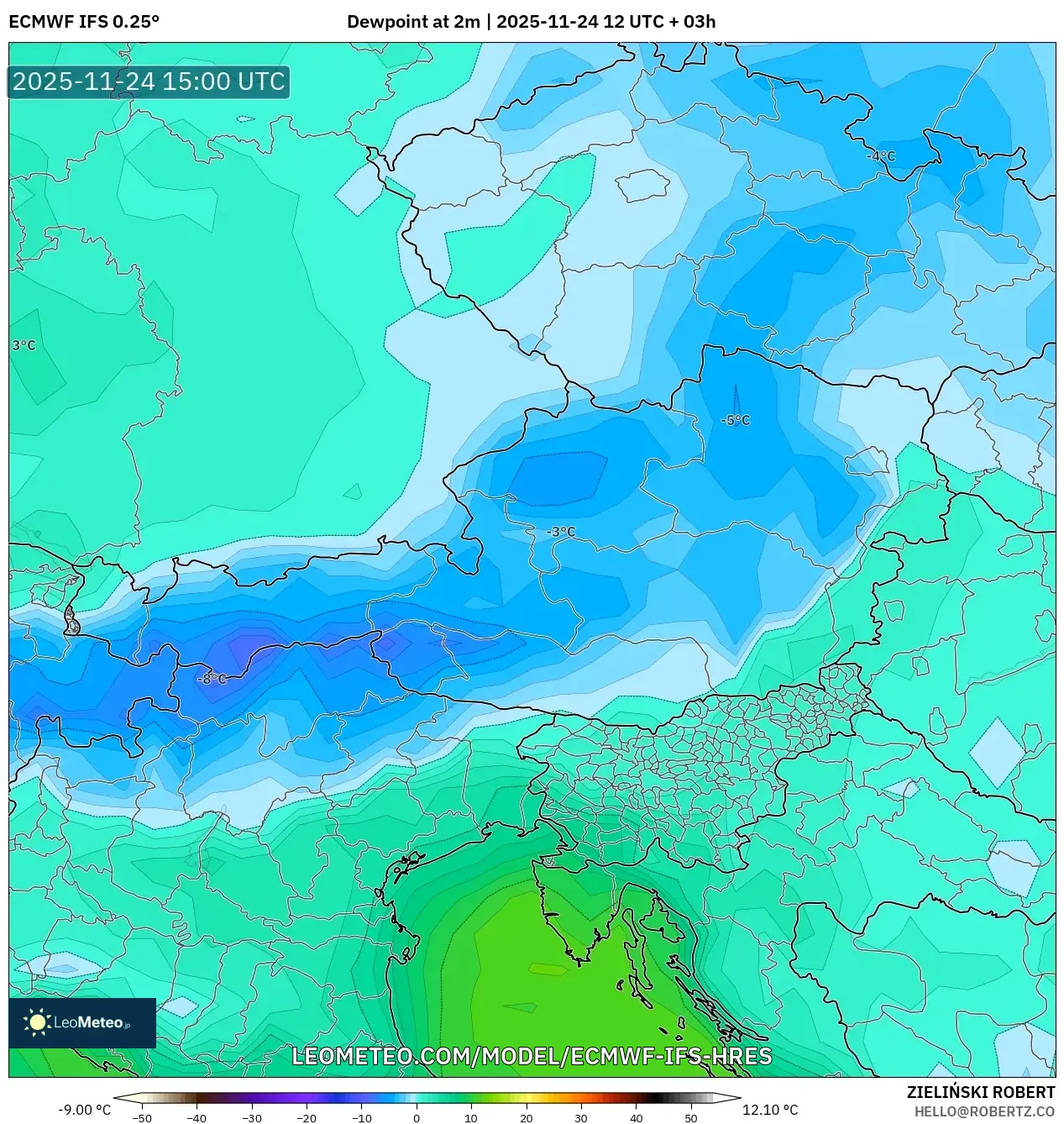 ECMWF IFS 0.25° model - Austria, Dewpoint at 2m
