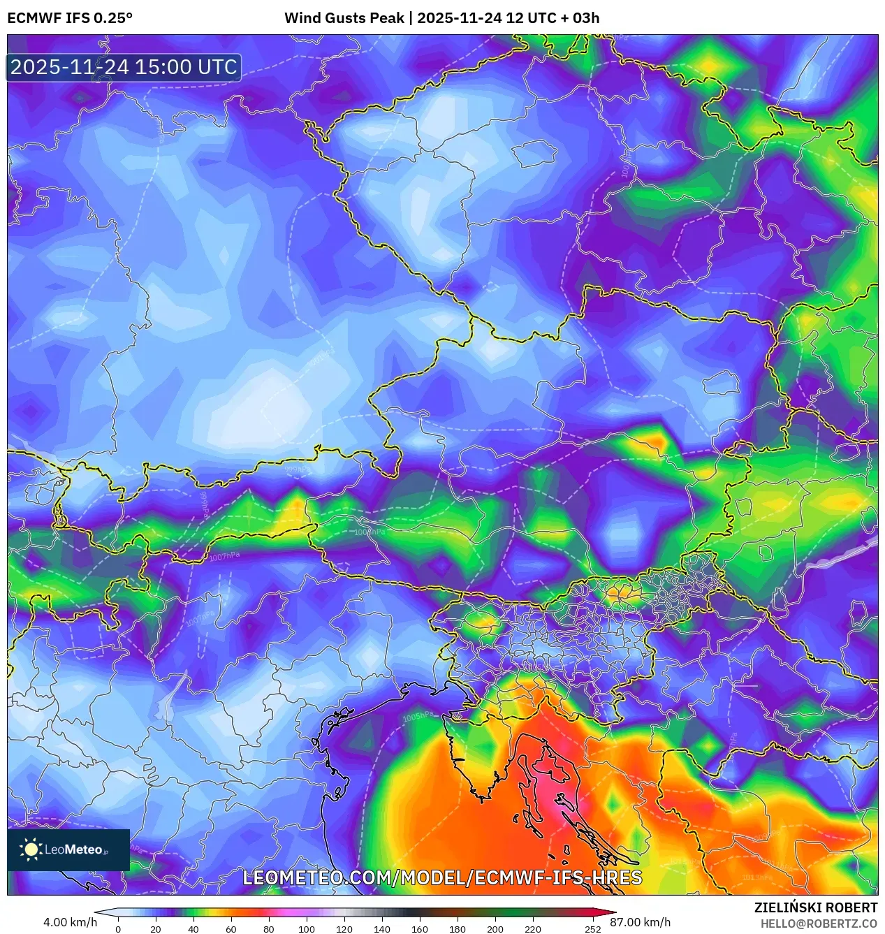 ECMWF IFS 0.25° model - Austria, Wind Gusts Peak