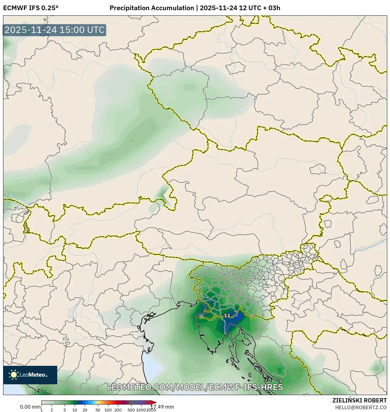 ECMWF IFS 0.25° model - Austria, Precipitation Accumulation