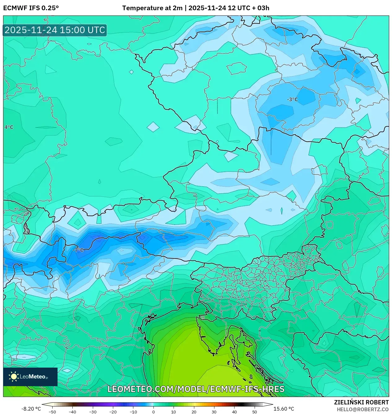 ECMWF IFS 0.25° model - Austria, Temperature at 2m