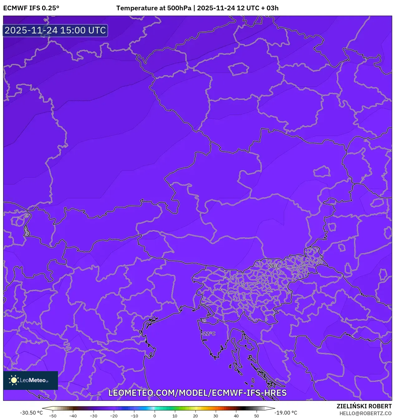 ECMWF IFS 0.25° model - Austria, Temperature at 500hPa