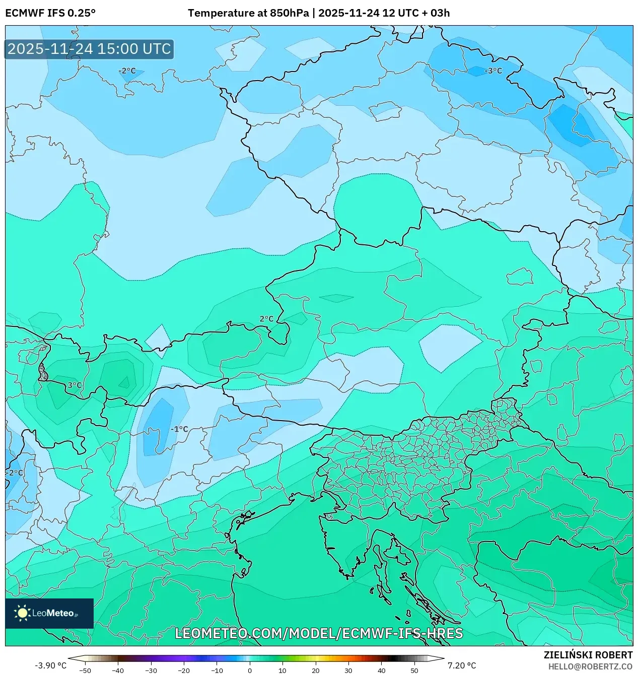 ECMWF IFS 0.25° model - Austria, Temperature at 850hPa