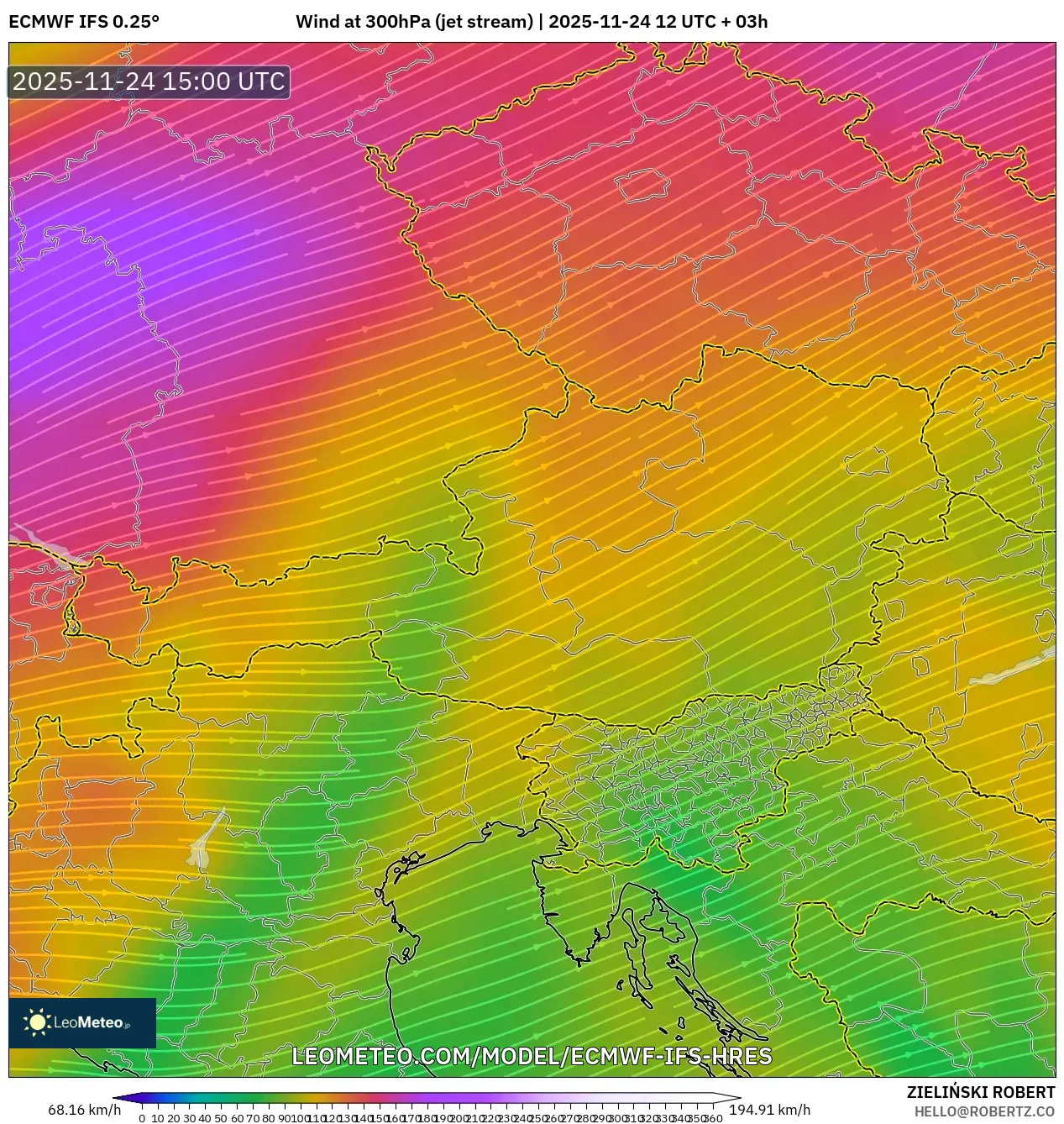 ECMWF IFS 0.25° model - Austria, Wind at 300hPa (jet stream)
