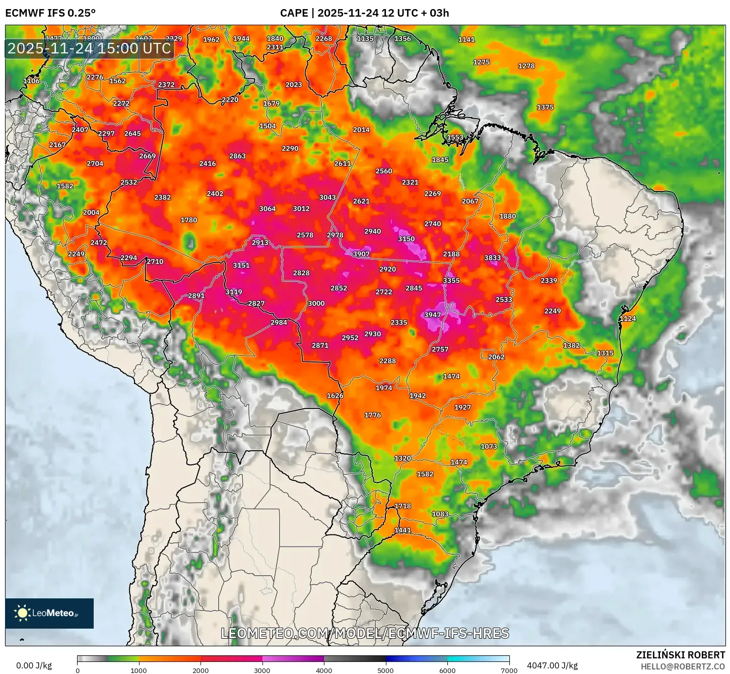 ECMWF IFS 0.25° model - Brazil, CAPE