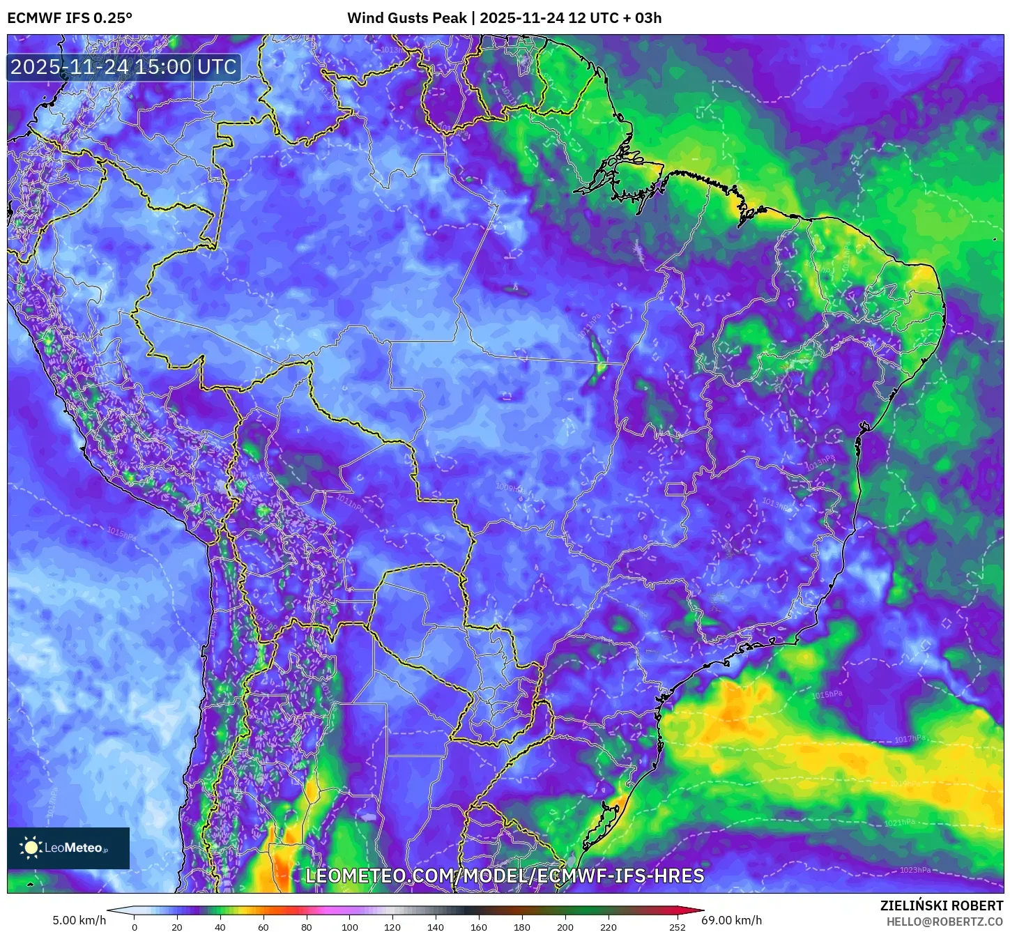 ECMWF IFS 0.25° model - Brazil, Wind Gusts Peak