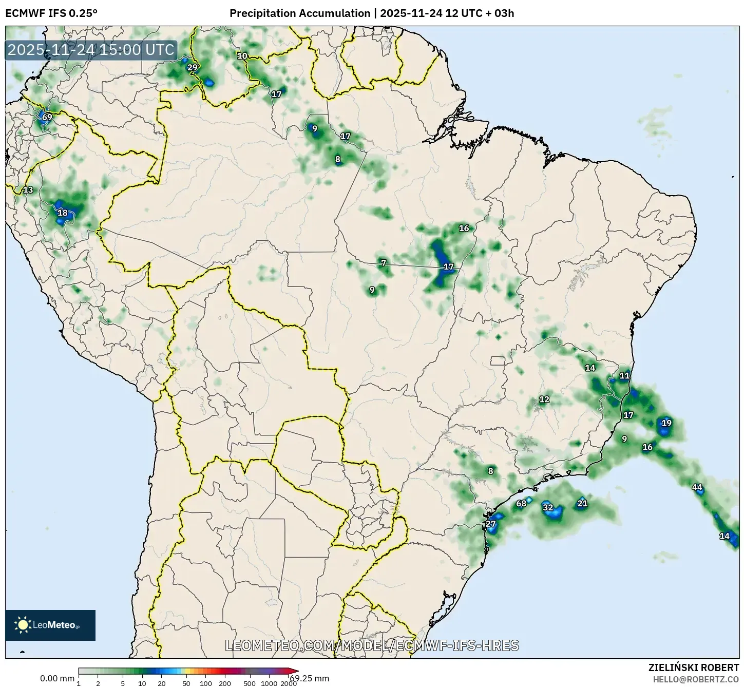 ECMWF IFS 0.25° model - Brazil, Precipitation Accumulation