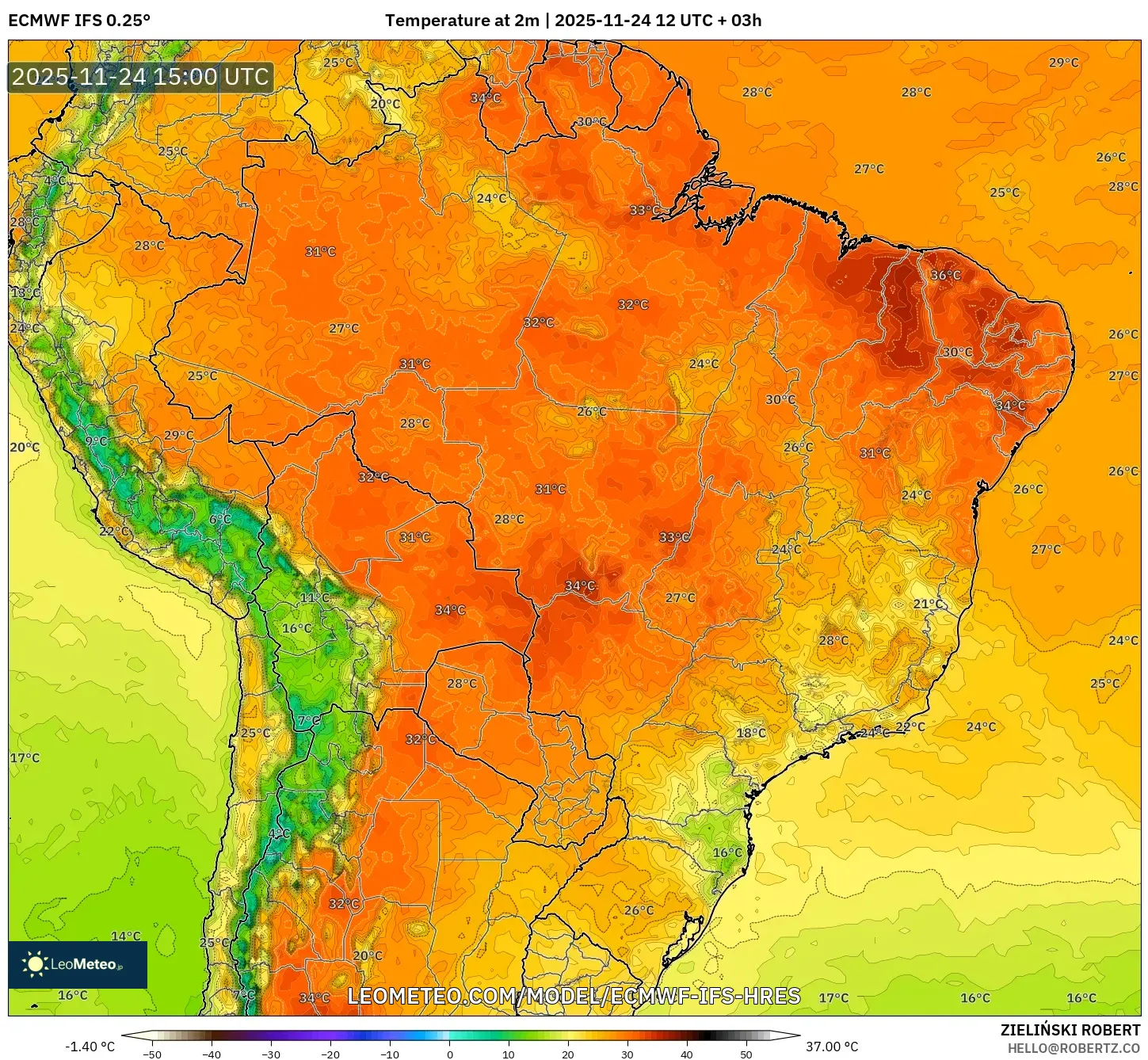ECMWF IFS 0.25° model - Brazil, Temperature at 2m