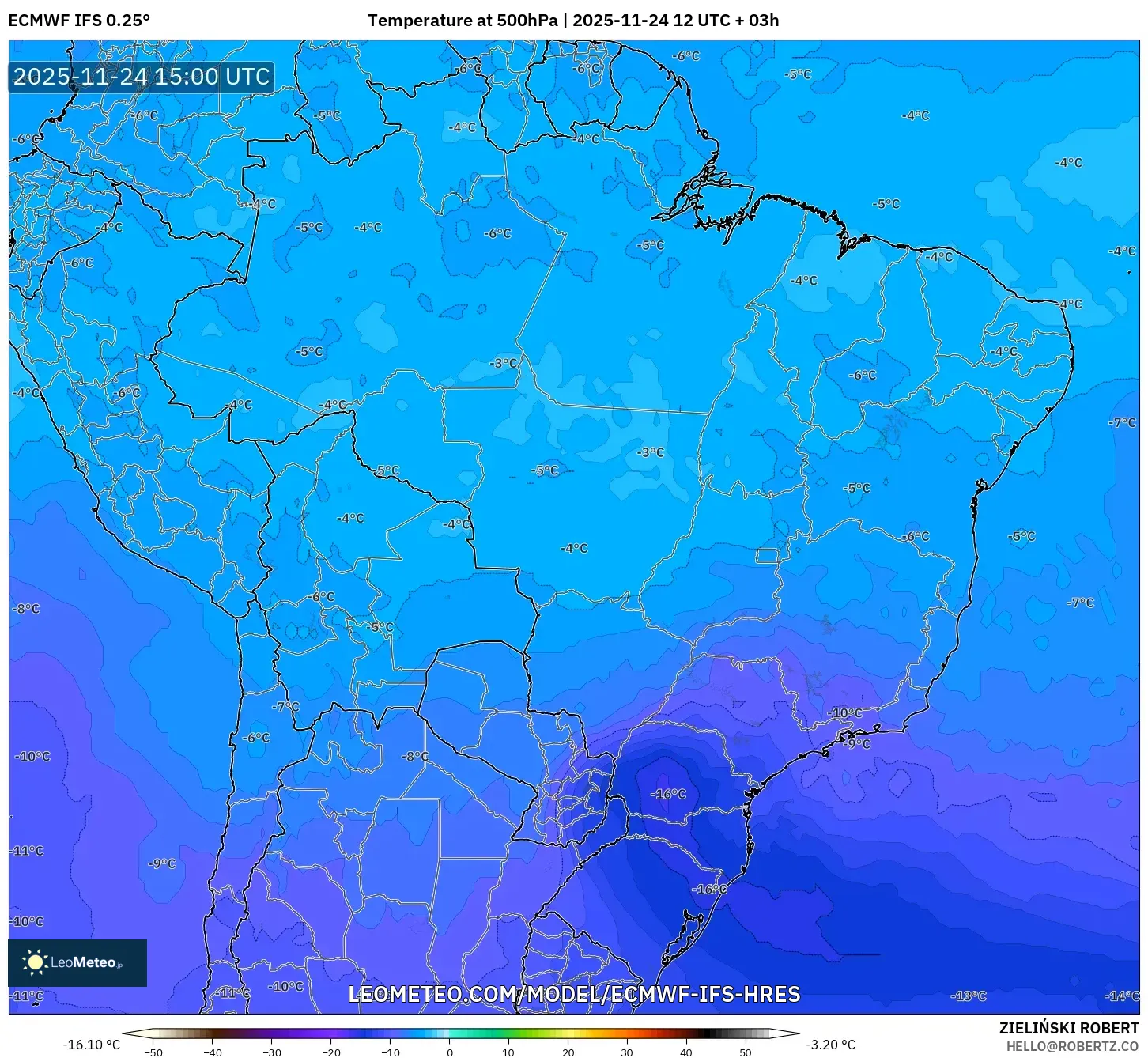 ECMWF IFS 0.25° model - Brazil, Temperature at 500hPa