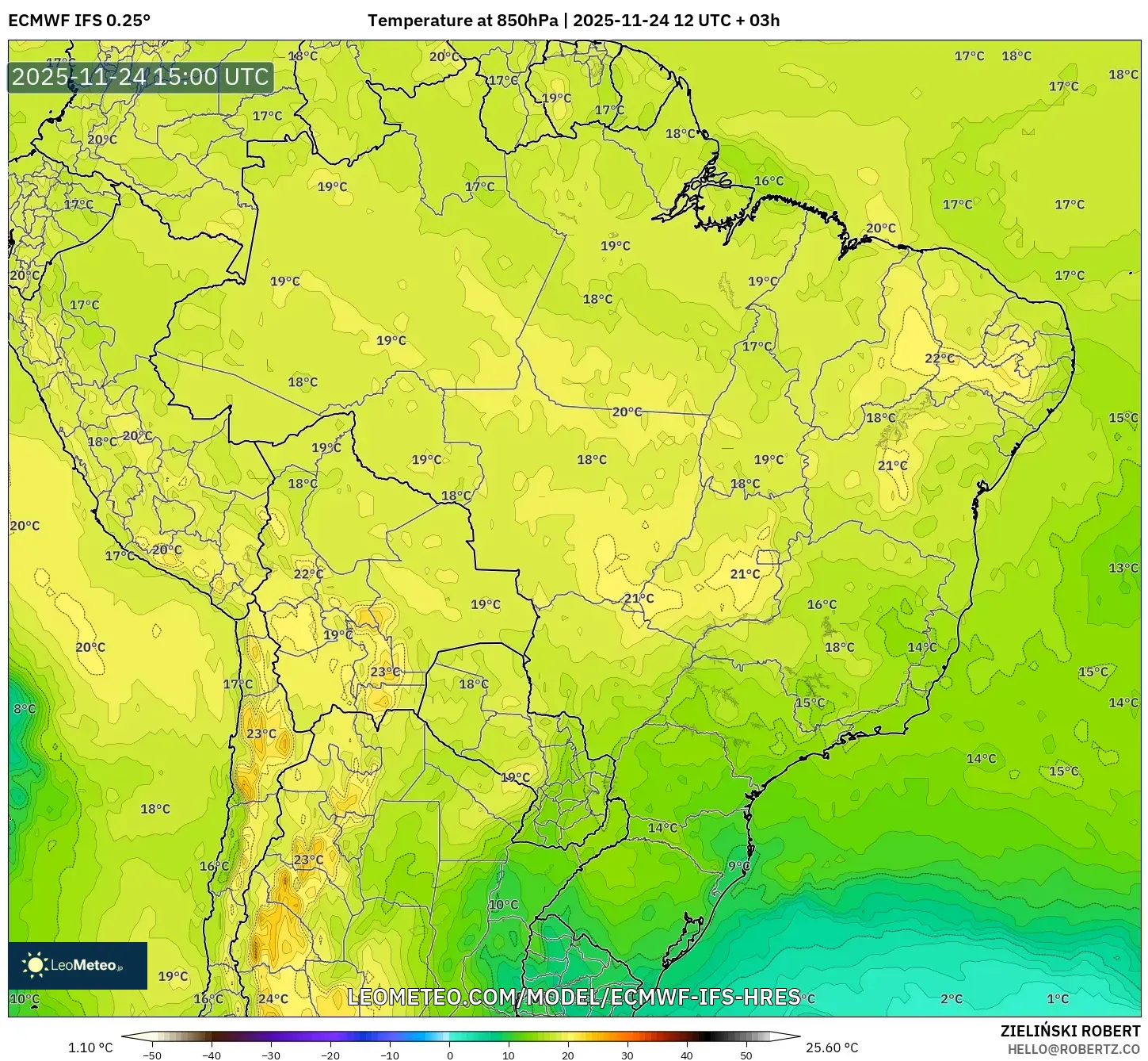 ECMWF IFS 0.25° model - Brazil, Temperature at 850hPa