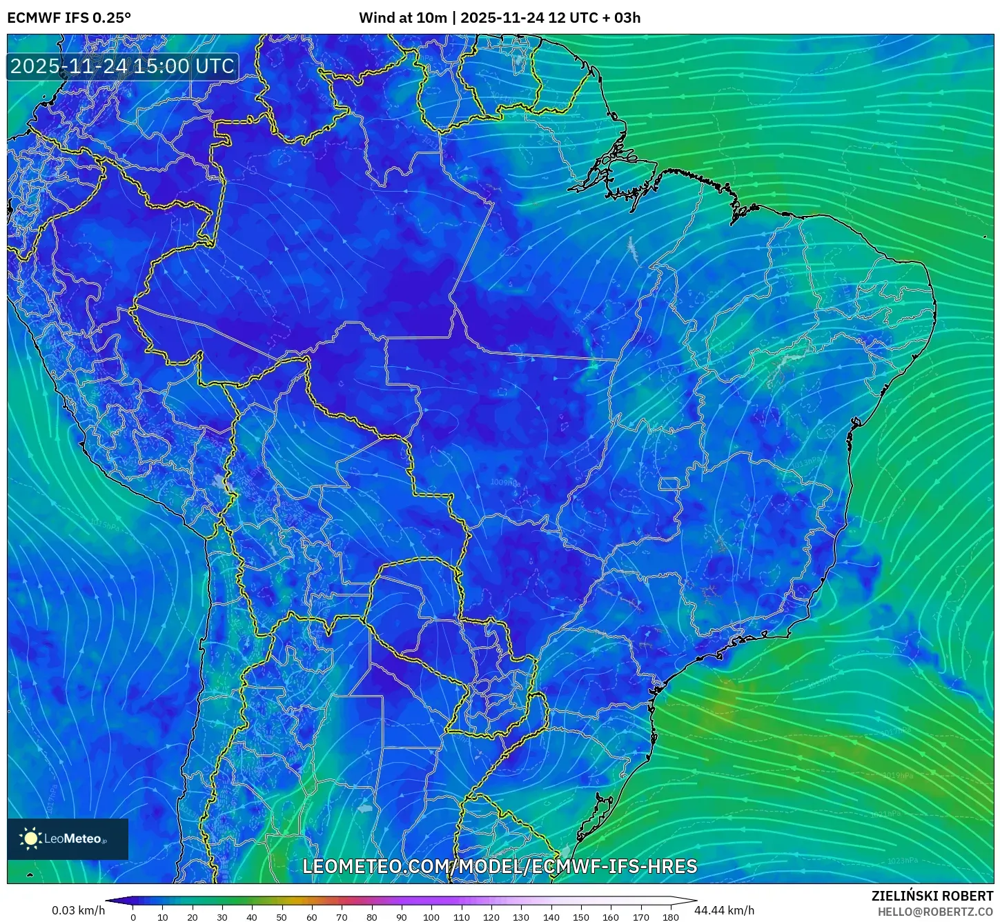 ECMWF IFS 0.25° model - Brazil, Wind at 10m